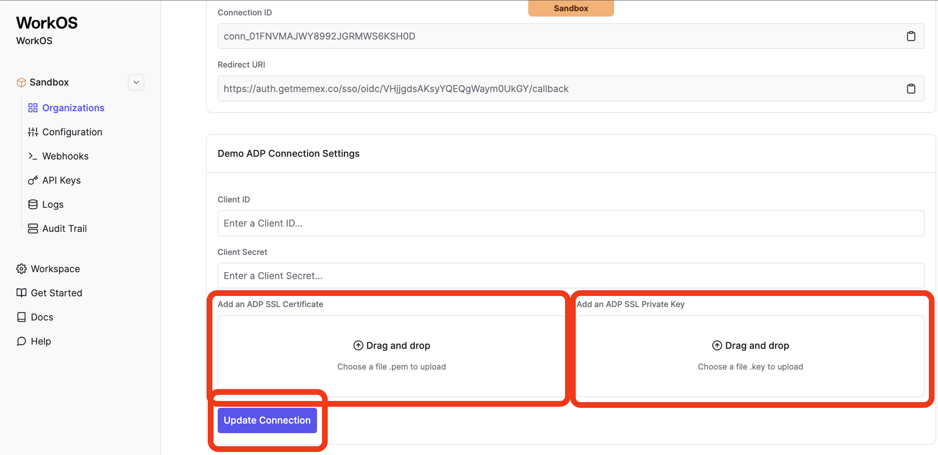 Upload Certificate and Private Key to WorkOS Dashboard