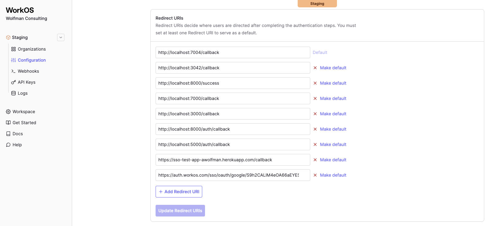 Dashboard redirect uris