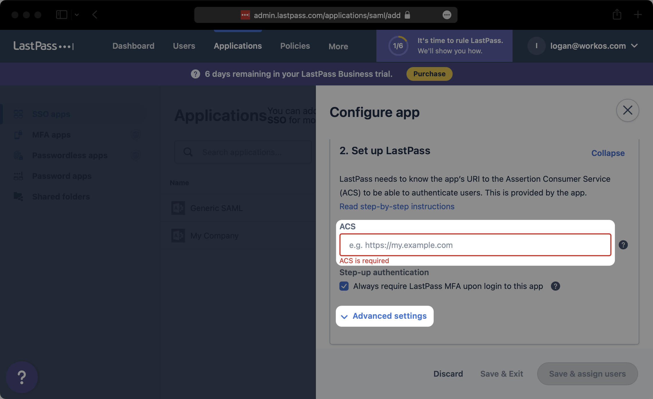 A screenshot showing where to add the ACS URL during the configuration app step in LastPass SAML Settings.
