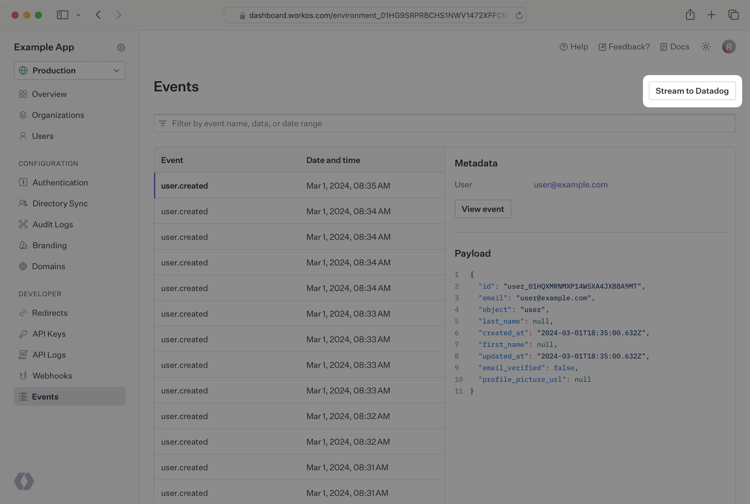 A screenshot showing how setup streaming events to Datadog in the WorkOS Dashboard.