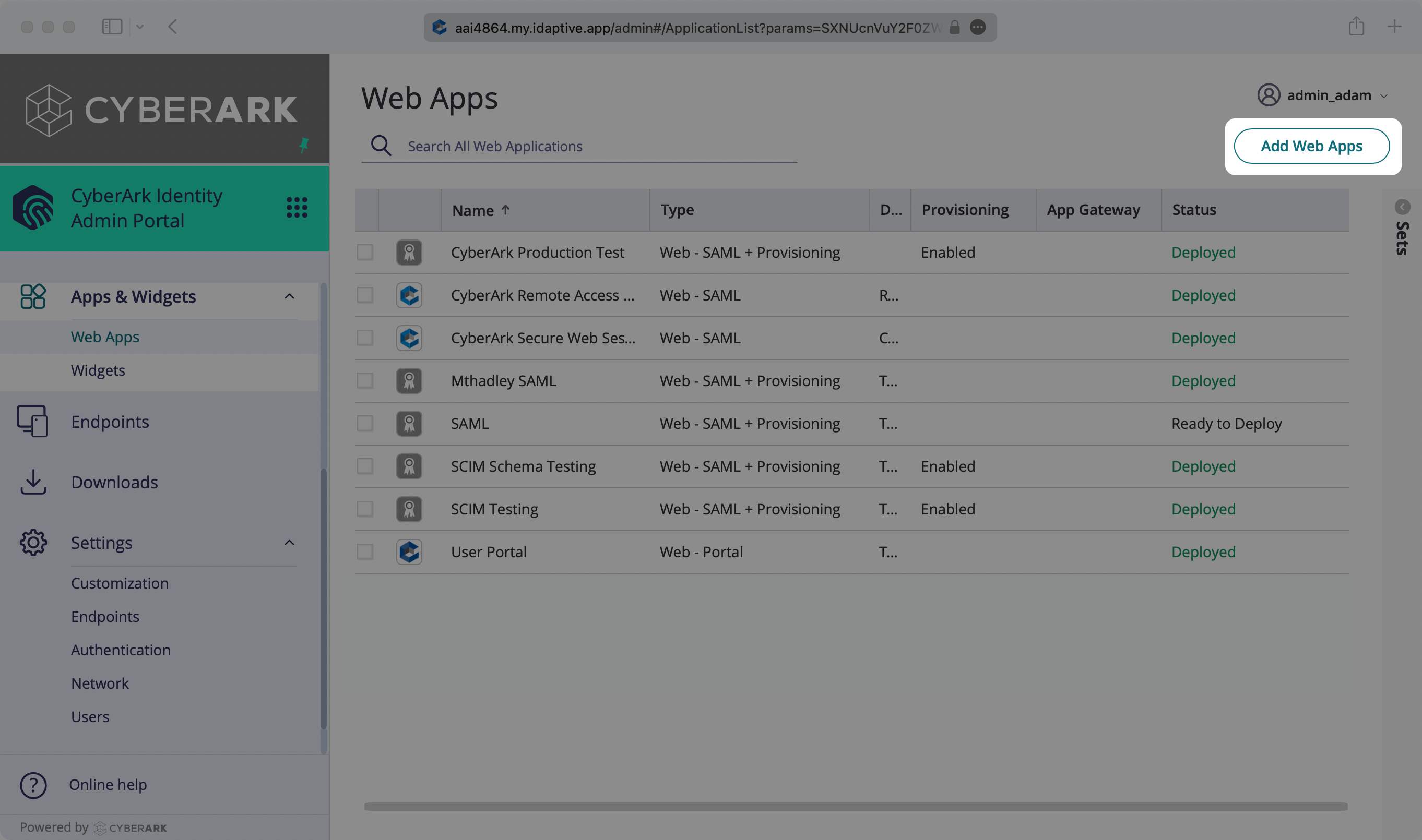 A screenshot showing where to select "Add Web Apps" in the CyberArk dashboard.