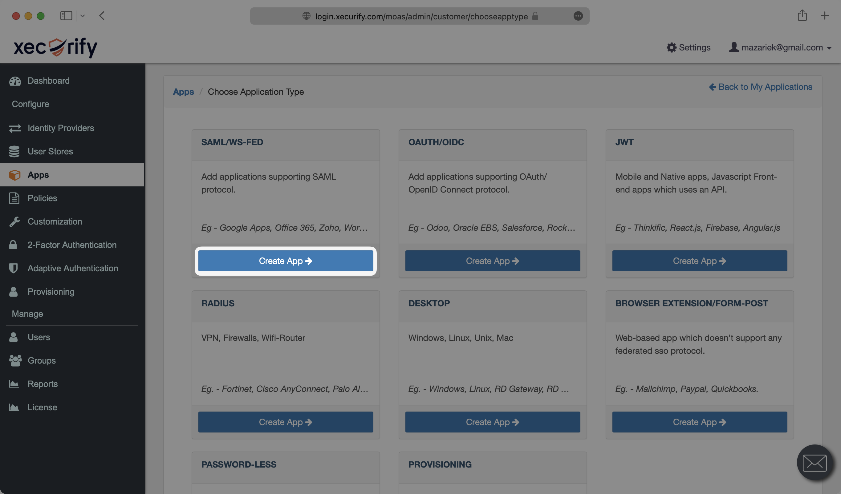 A screenshot showing where to select Create App in the miniOrange dashboard.