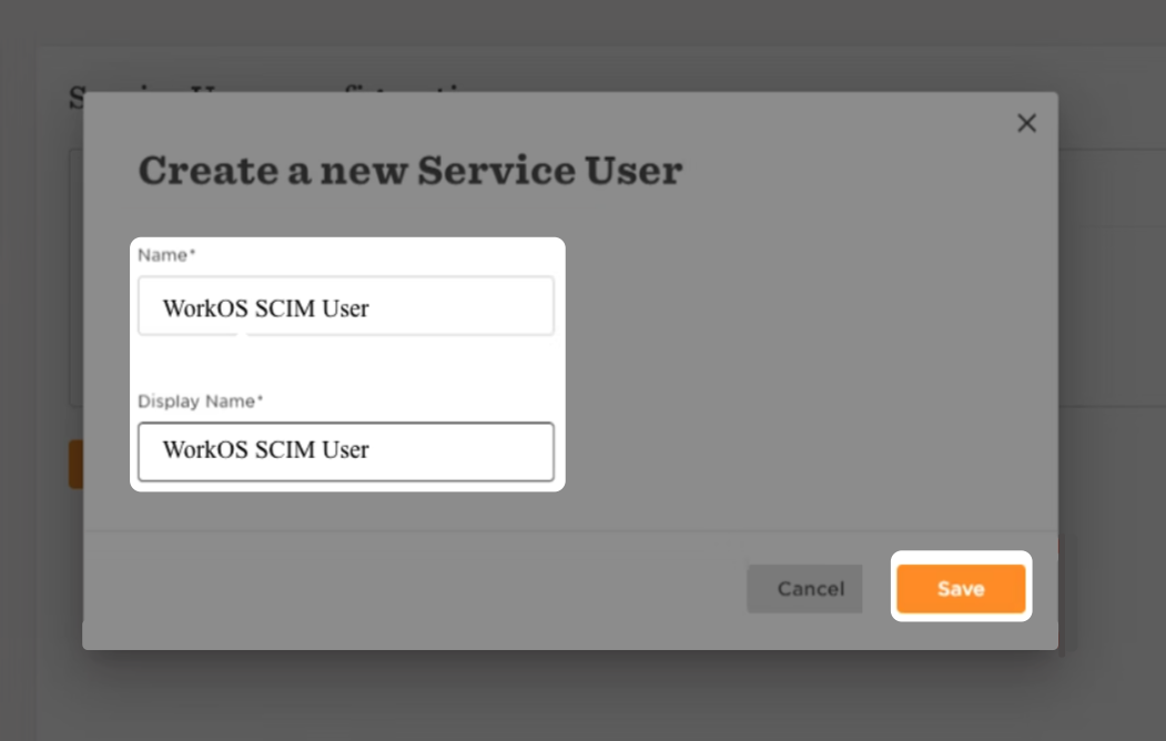 A screenshot showing the "Create a new Service User" modal in the HiBob dashboard.