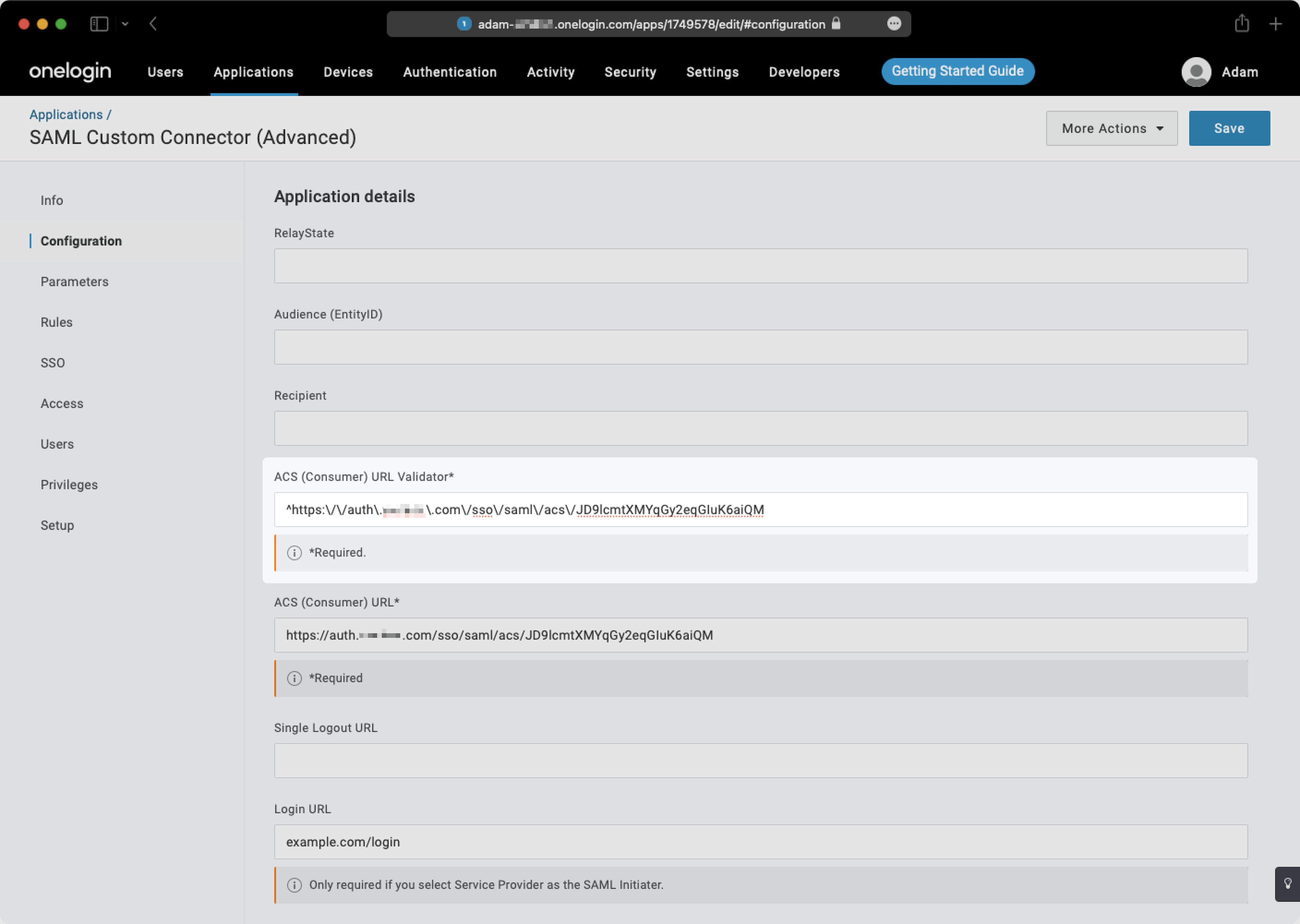 A screenshot showing where to input the 'ACS URL Validator' in the OneLogin Dashboard.