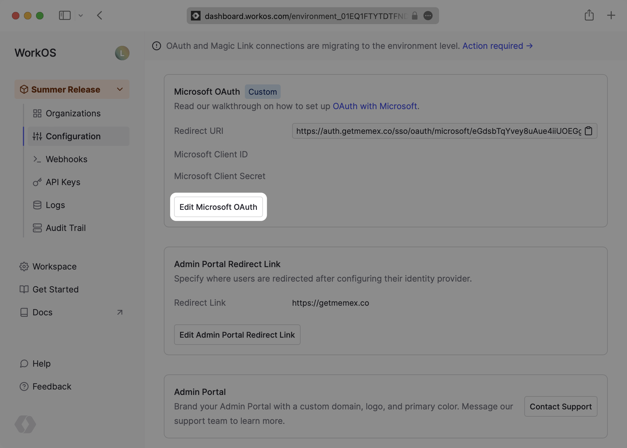 Edit Microsoft OAuth Settings in WorkOS Dashboard