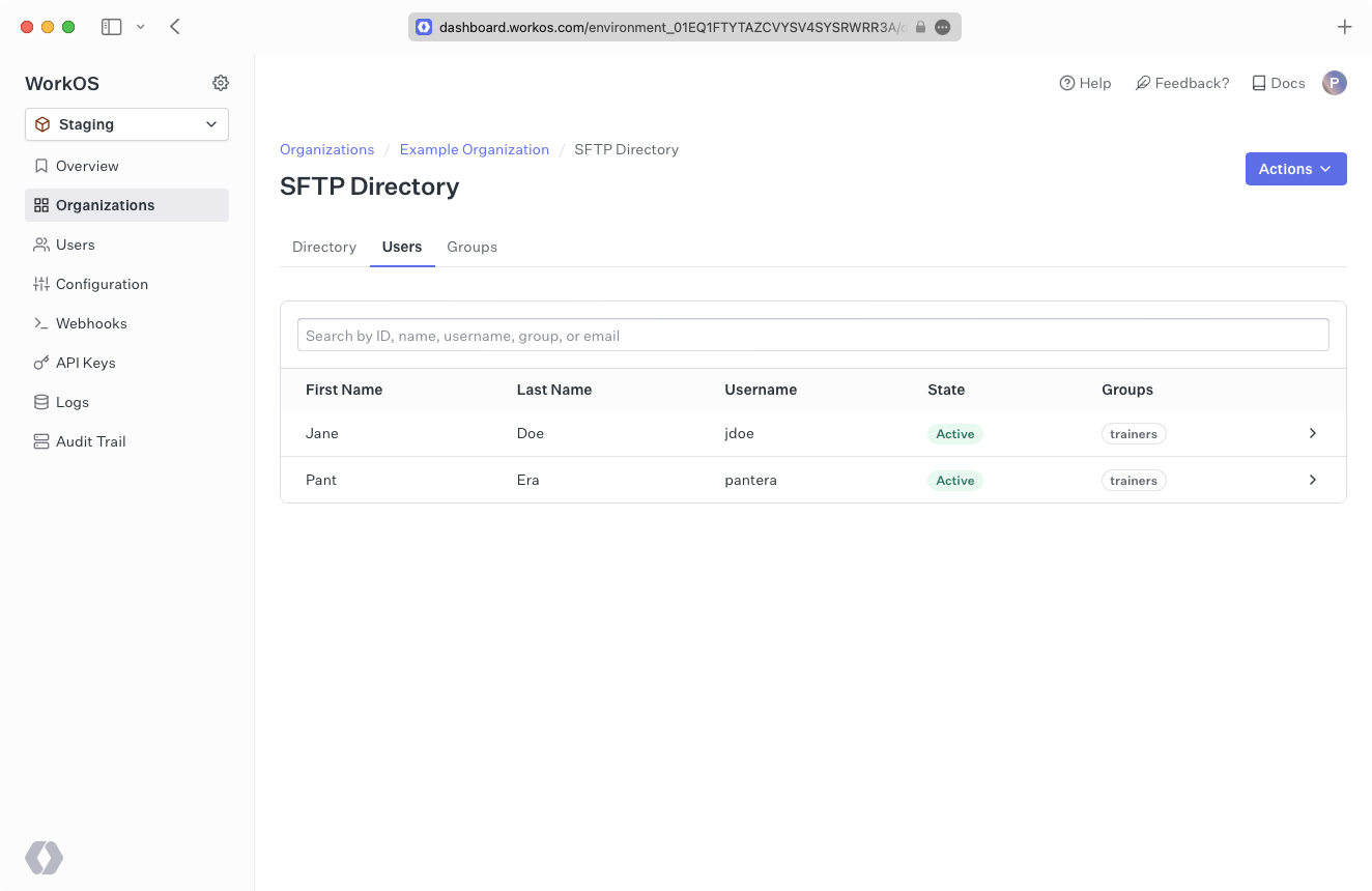 A screenshot showing a synced directory in the WorkOS Dashboard