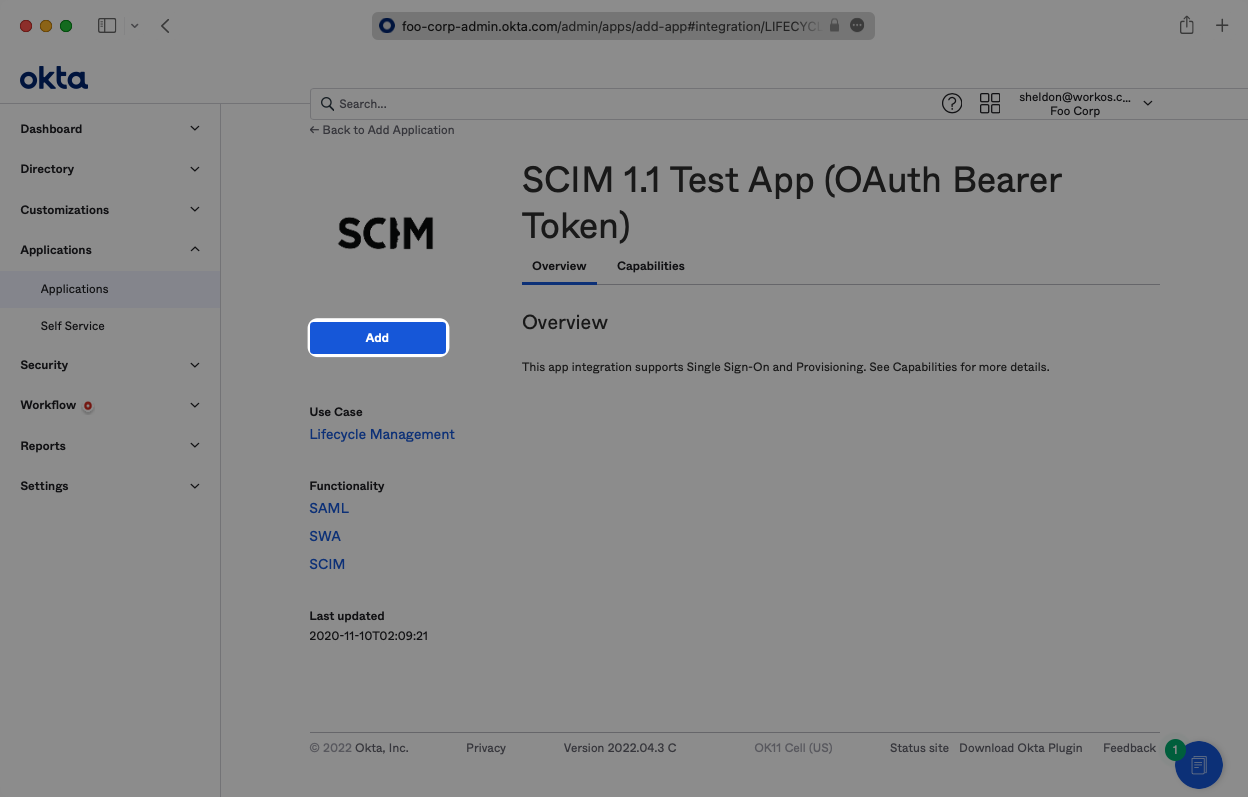 Add SCIM 1.1 App in Okta
