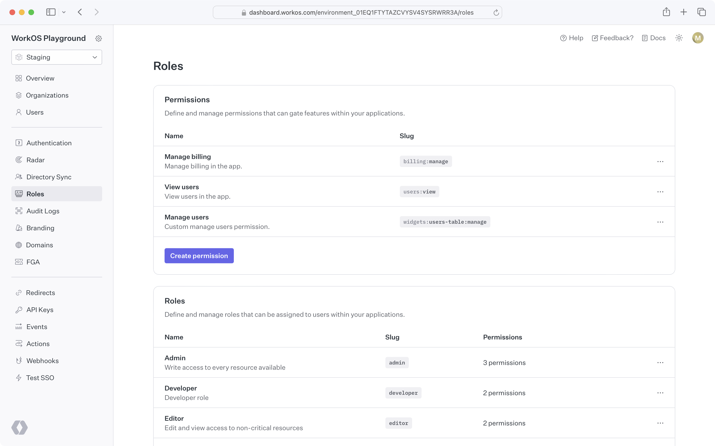 Roles section WorkOS Dashboard