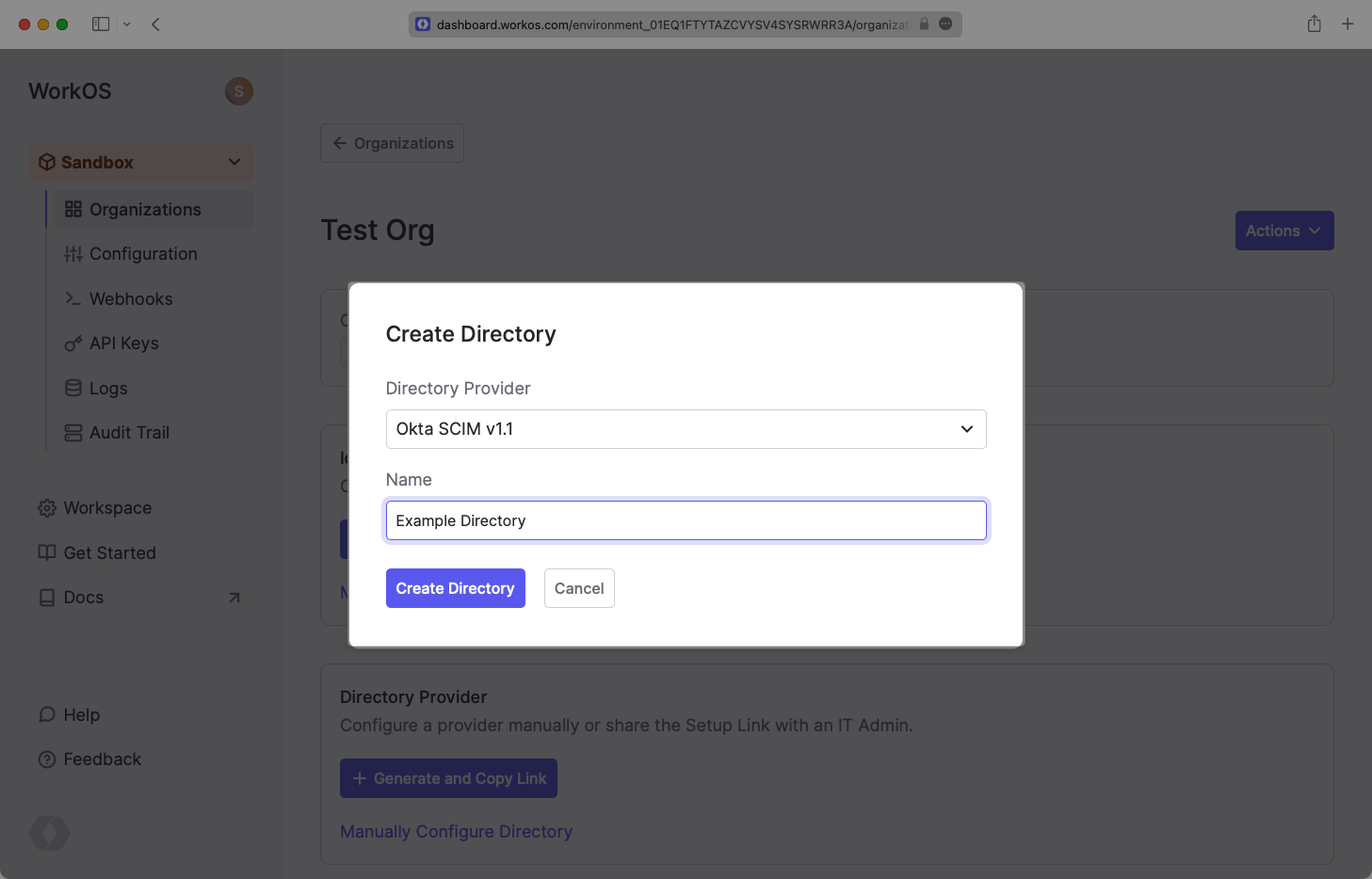 Select Okta SCIM v1.1 Provider in WorkOS Dashboard