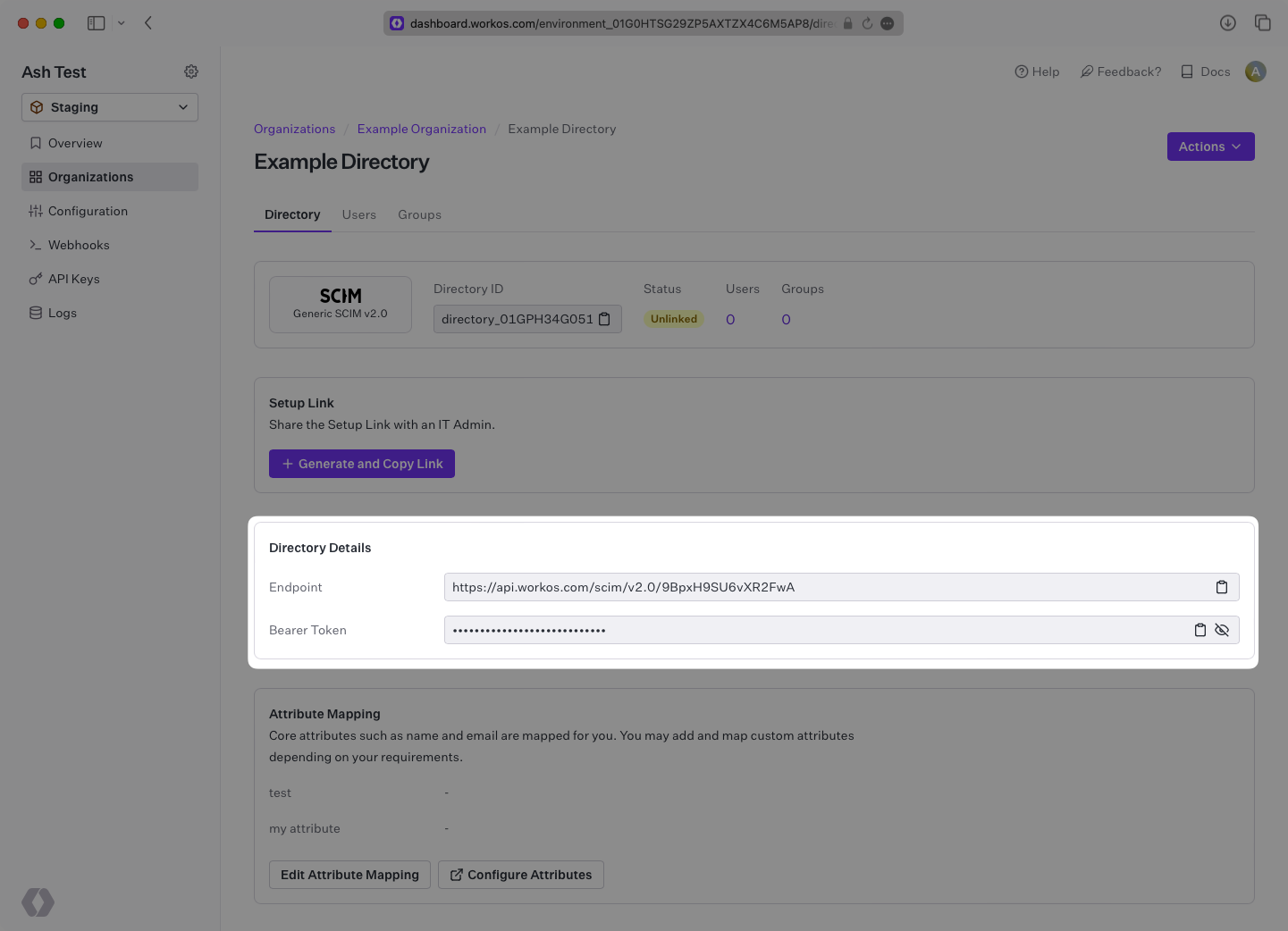 A screenshot showing where to find the Endpoint and Bearer Token for an organization in the WorkOS Dashboard.