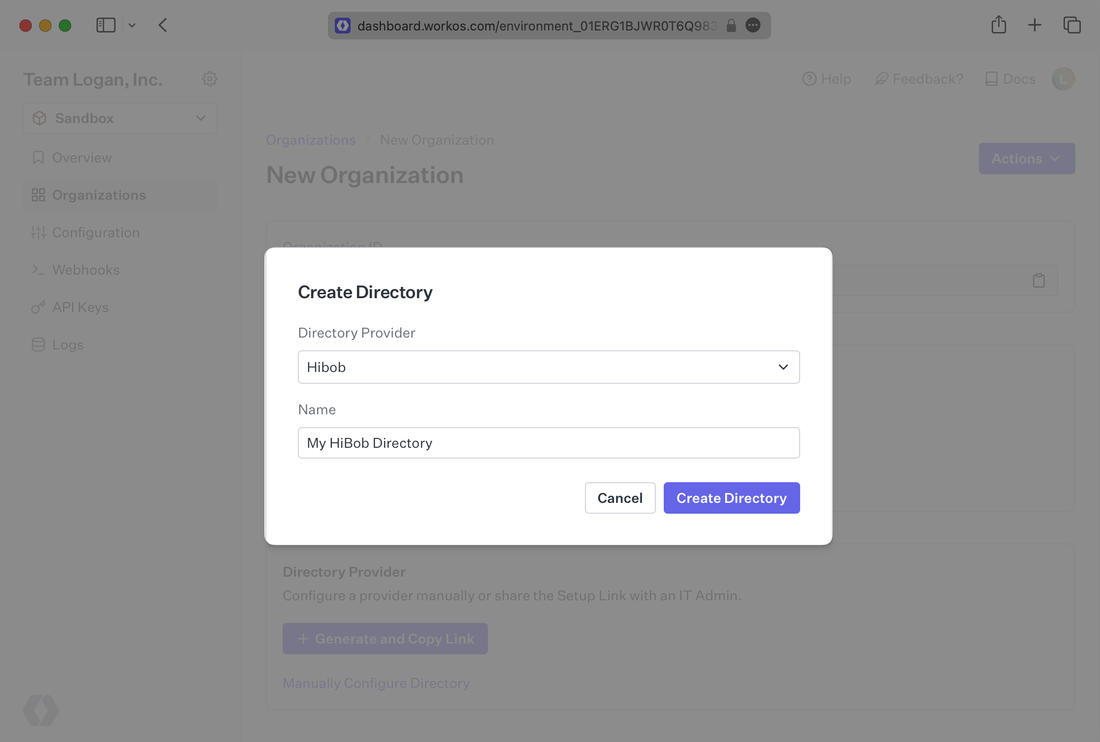 A screenshot highlighting the "Create Directory" modal for creating a HiBob directory in the WorkOS Dashboard.