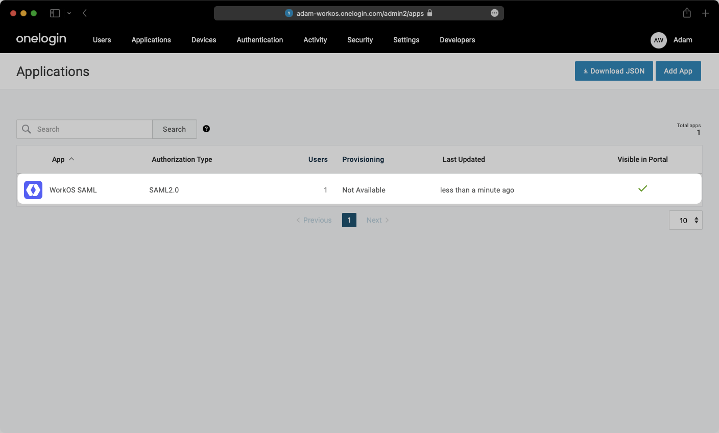 A screenshot showing your application selection in the OneLogin Dashboard.