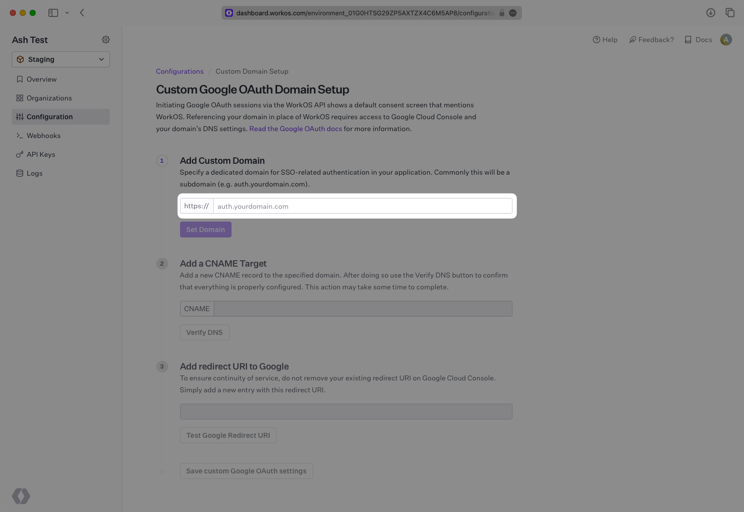 A screenshot showing where to add a custom domain in the WorkOS Dashboard.