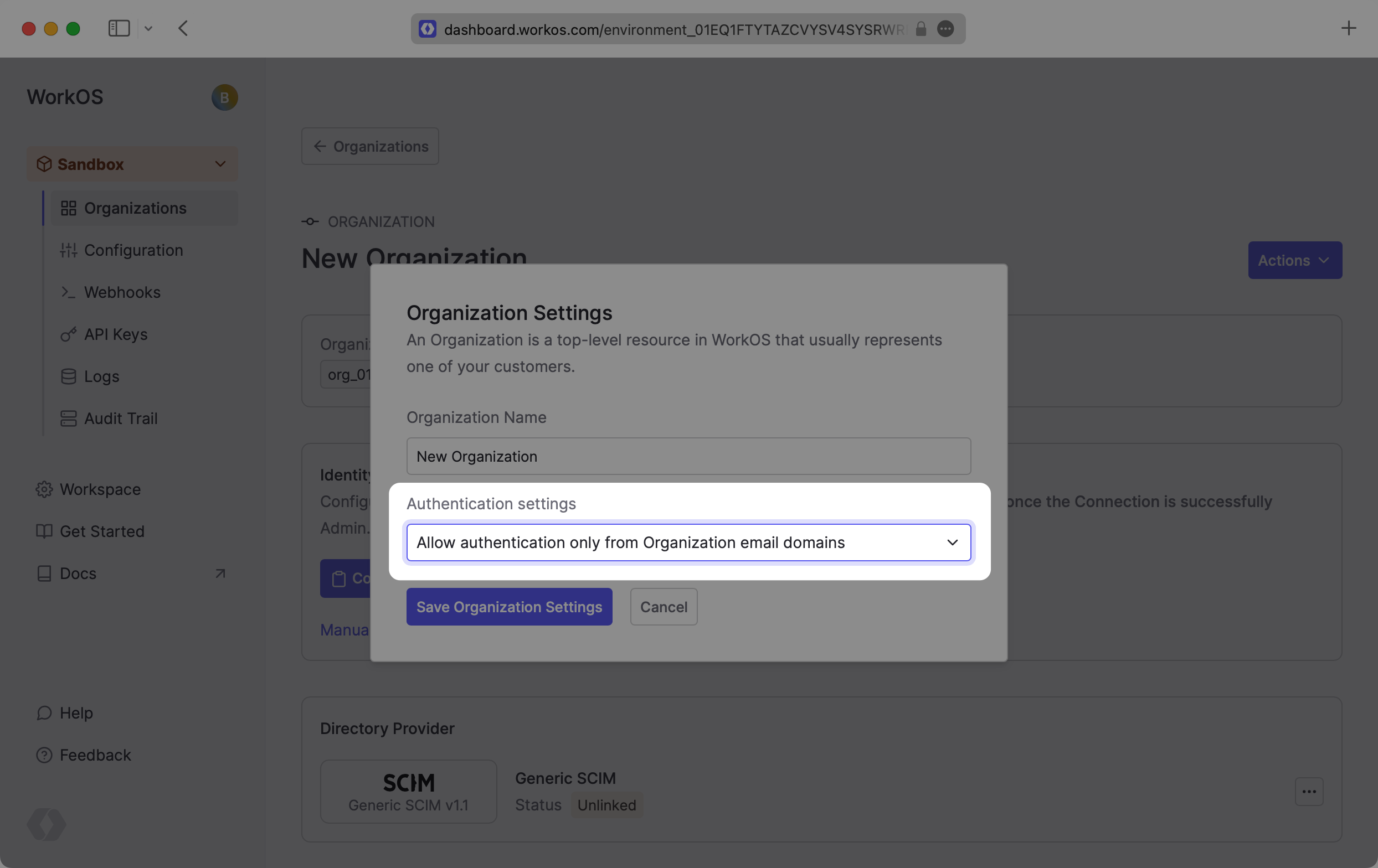 WorkOS Dashboard – Authentication Settings