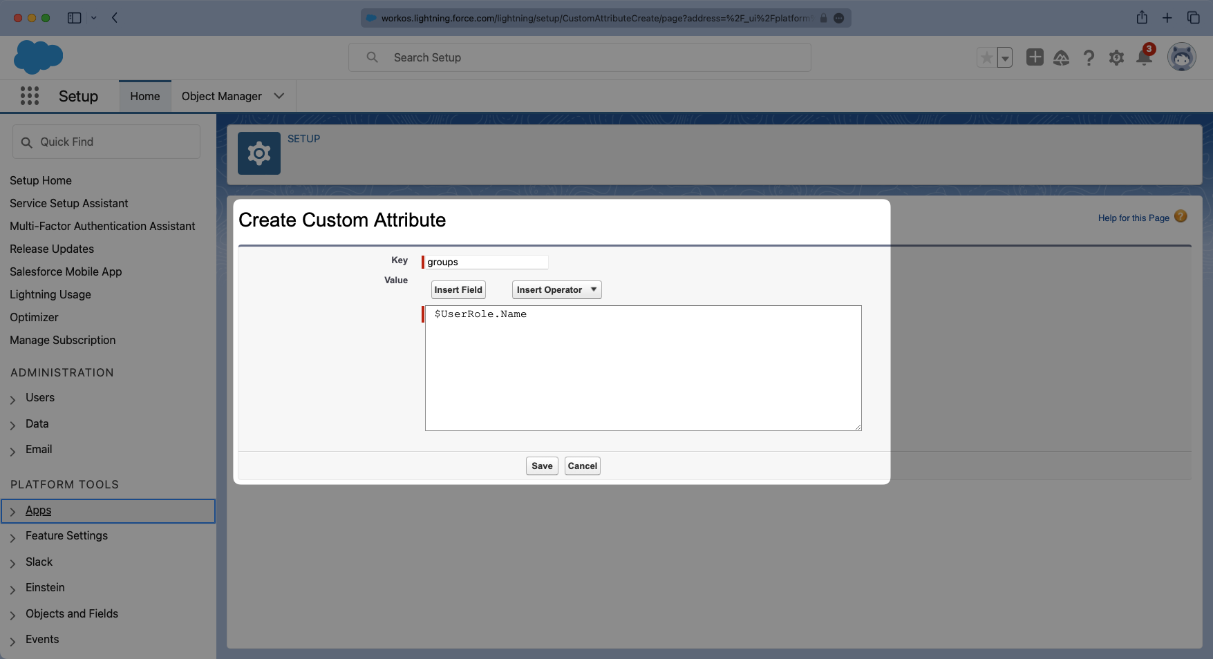 A screenshot showing where to add the groups attribute in the Salesforce dashboard.