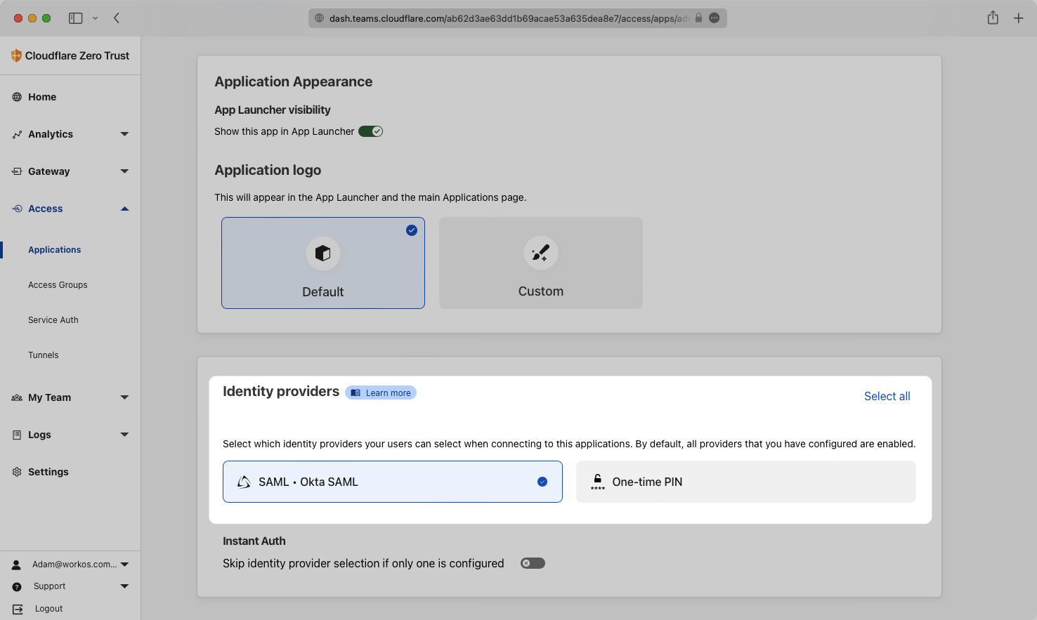 A screenshot highlighting where to select the Identity Provider in the Cloudflare application.