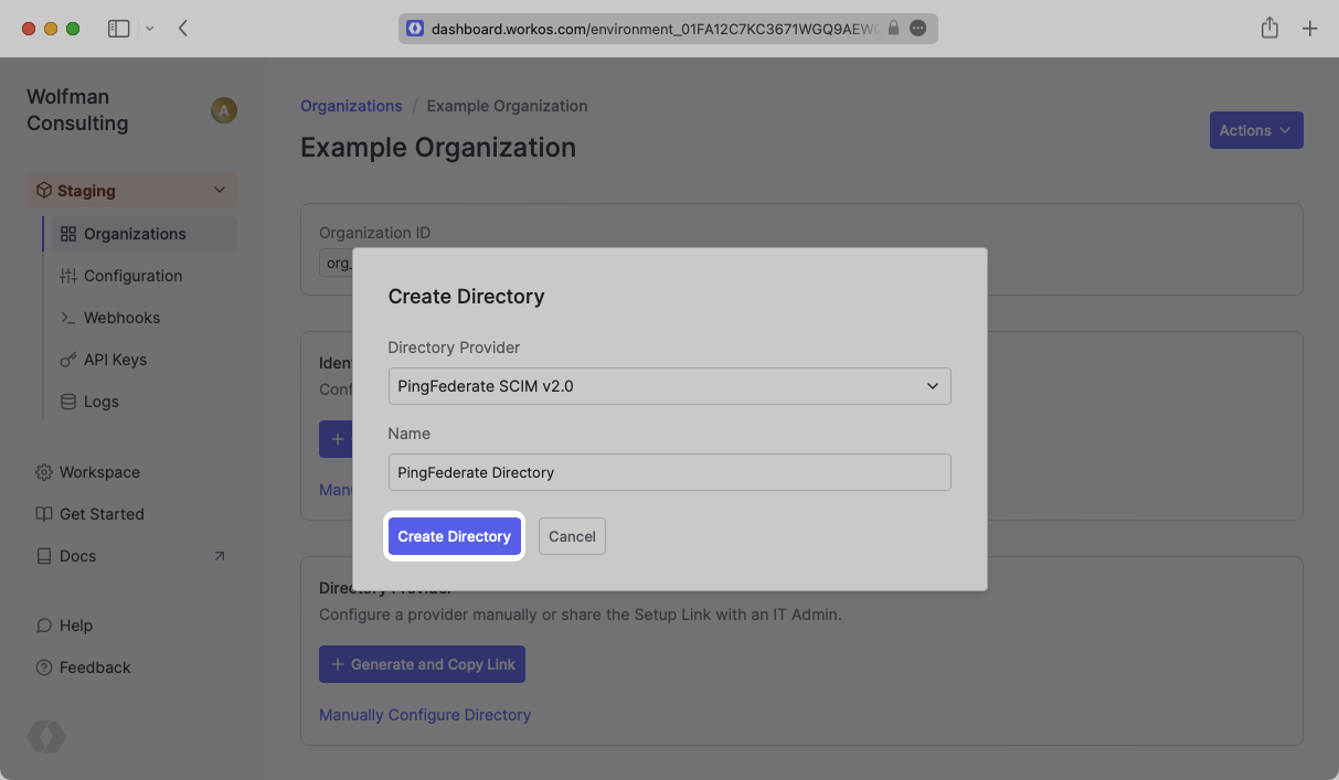Select PingFederate SCIM v2.0 Provider in WorkOS Dashboard
