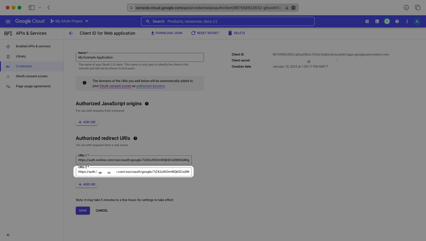 A screenshot showing where to enter the redirect URI in the Google Cloud Platform Console.