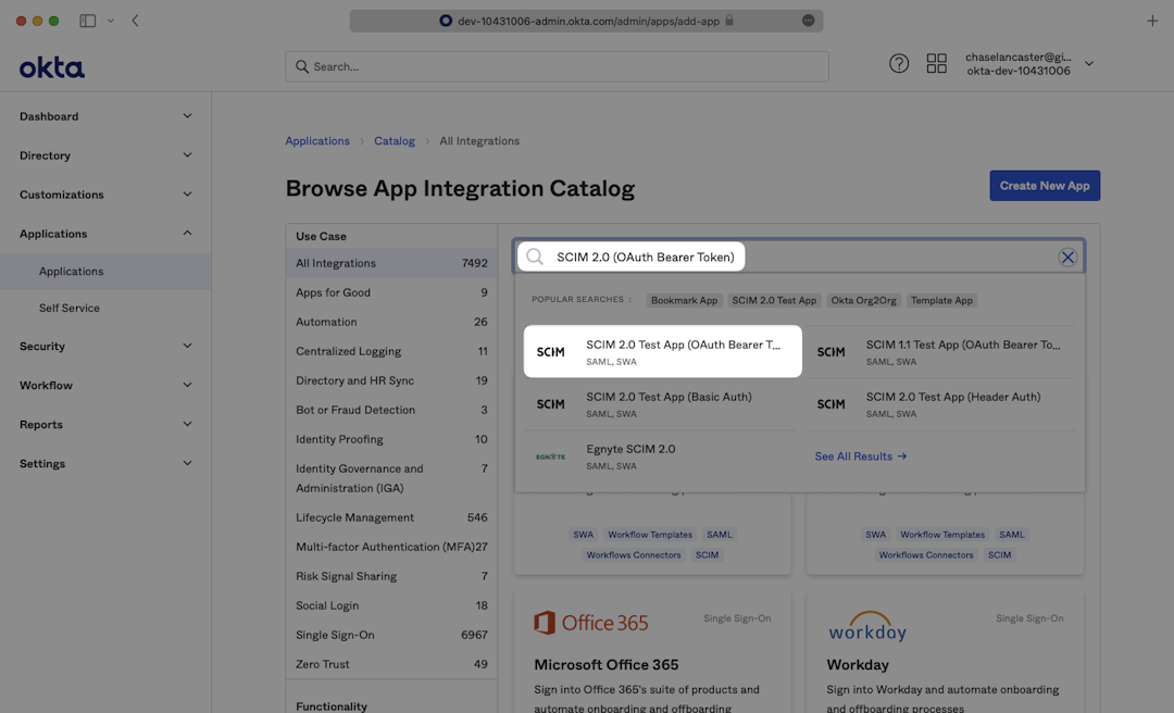 A screenshot showing where to search for "SCIM 2.0 Test App (OAuth Bearer Token)" in the App Integration Catalog in Okta.