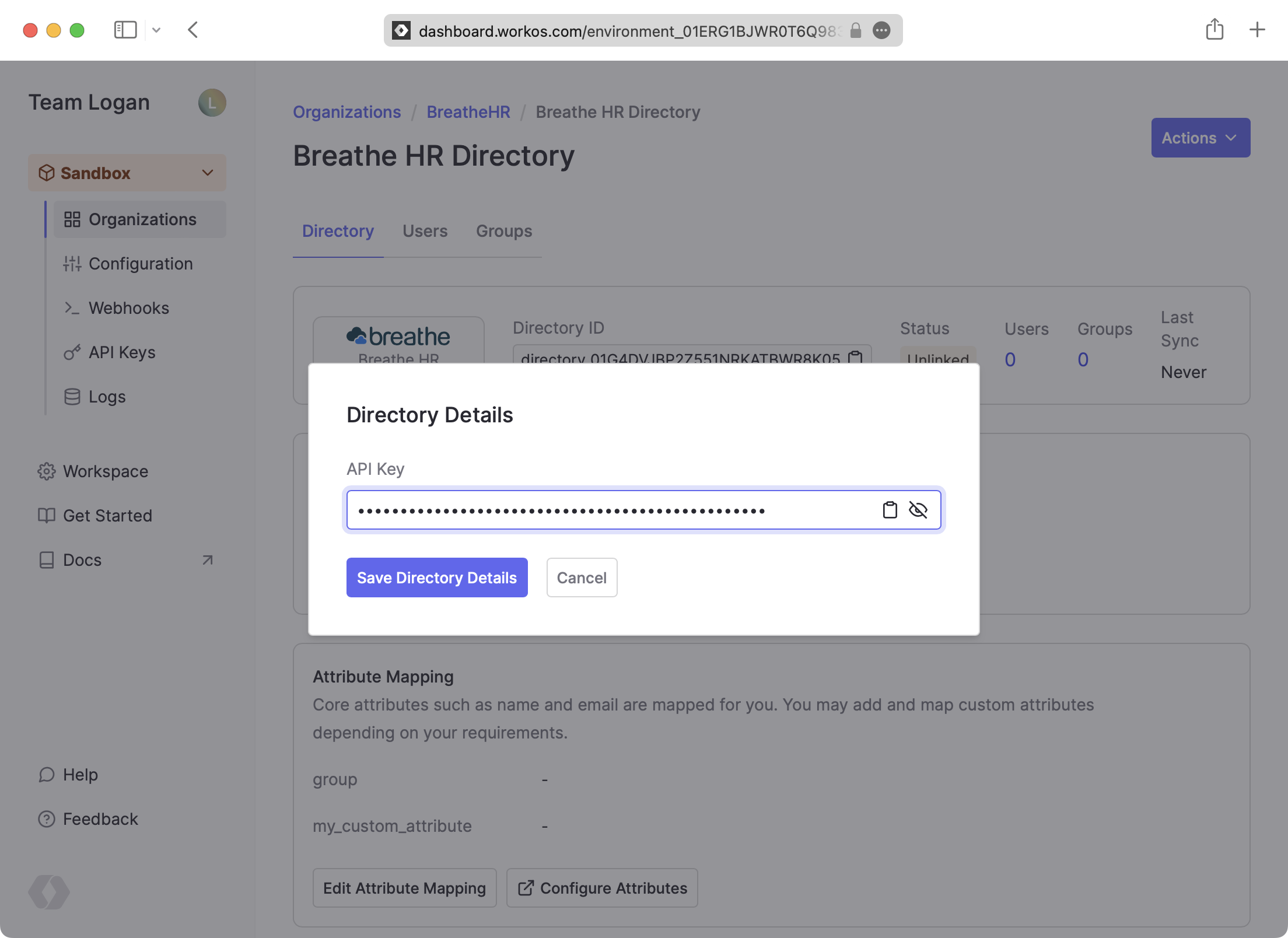 A screenshot showing the input of the Breathe HR API key into the "Directory Details" modal in the WorkOS dashboard.