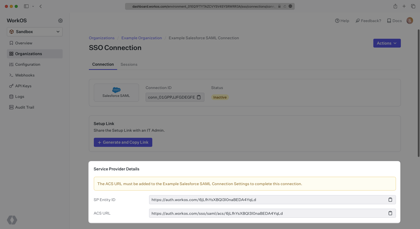 A screenshot showing where to find the ACS URL and SP Entity ID in the WorkOS dashboard.