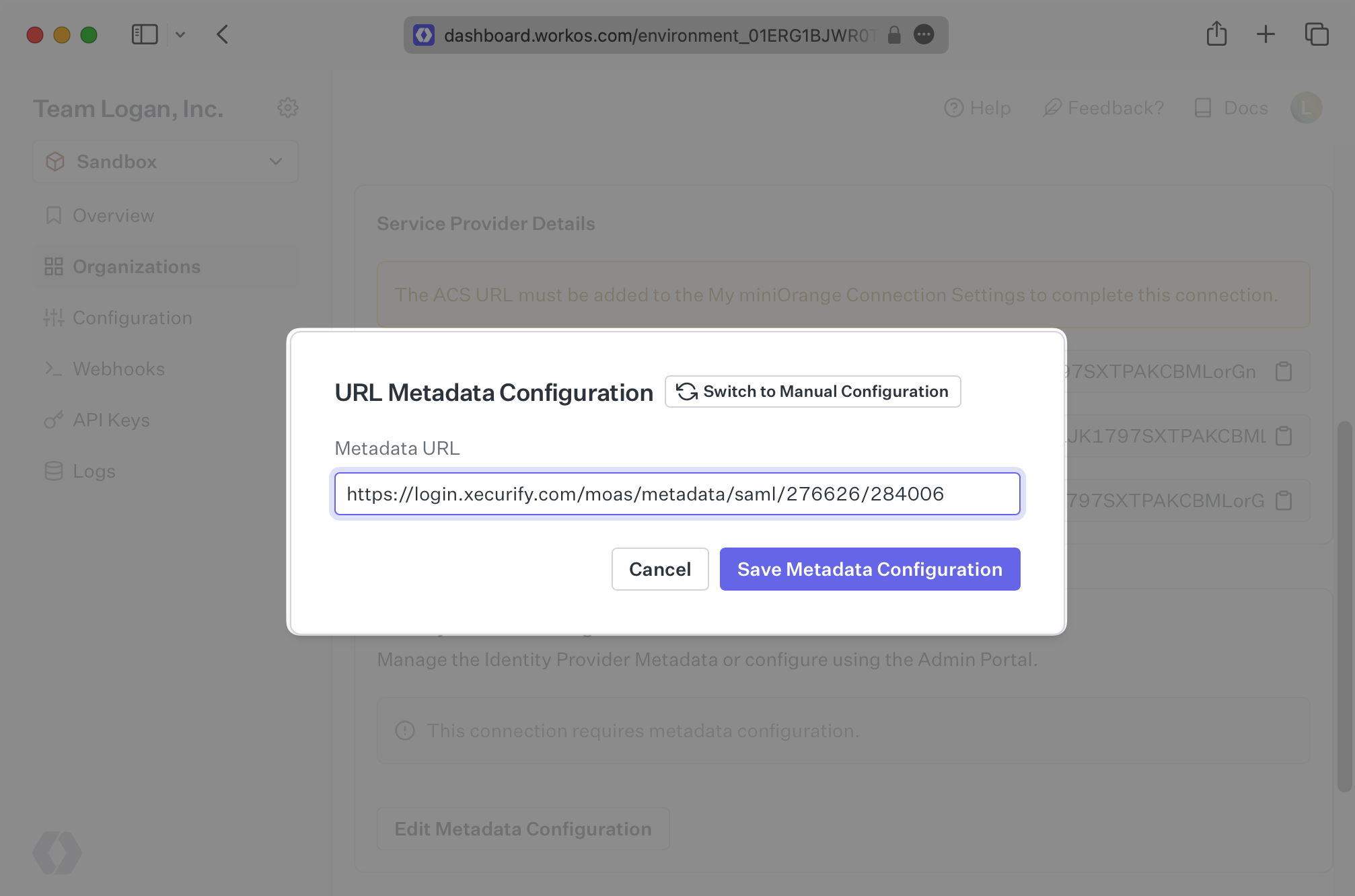 A screenshot showing how to input the Metadata URL into the Connection in the WorkOS Dashboard.