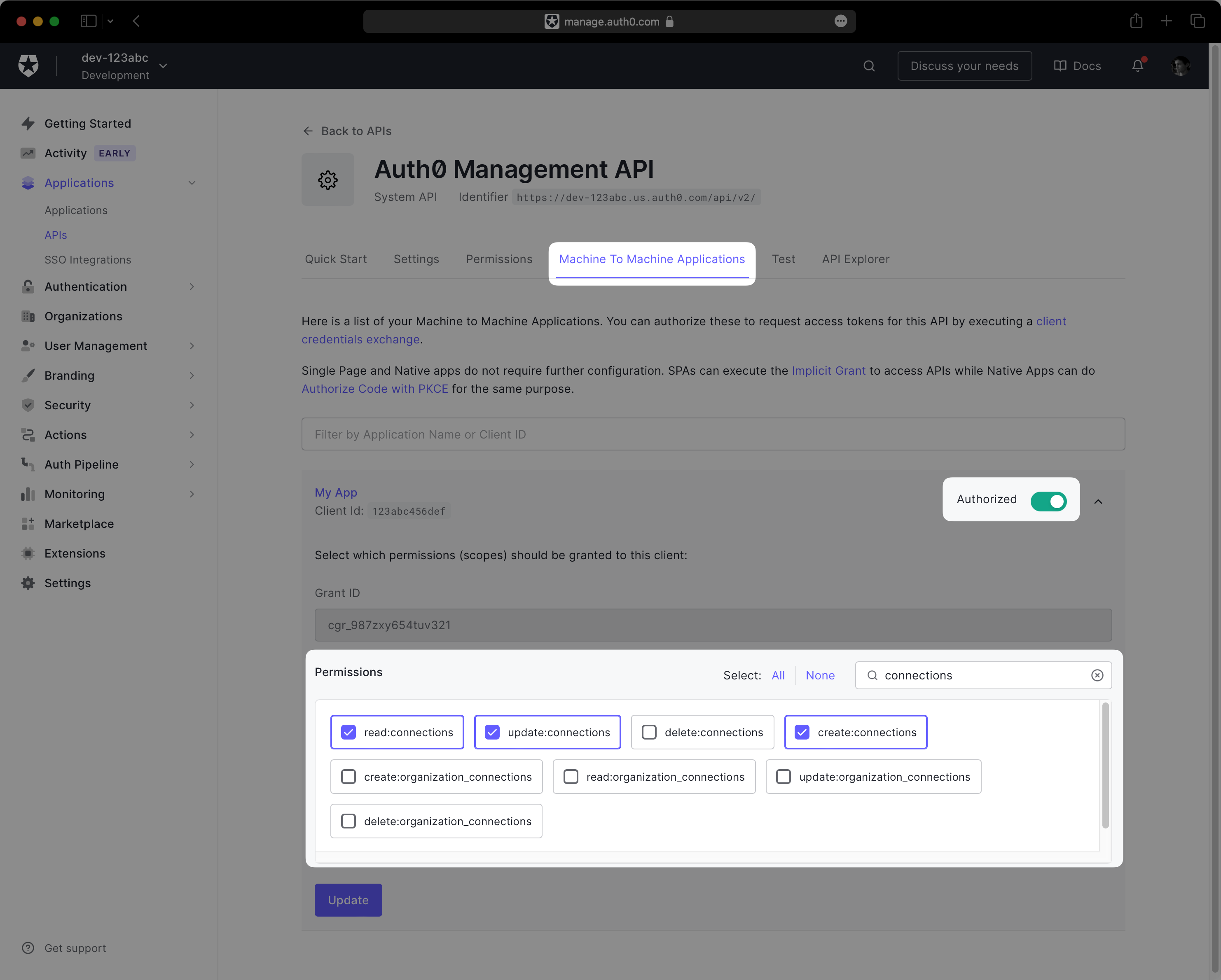 A screenshot a correctly configured API application in the Auth0 dashboard.