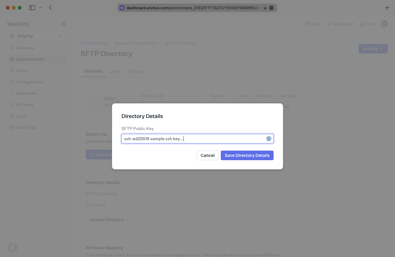 A screenshot showing how to update SFTP directory details in the WorkOS Dashboard.