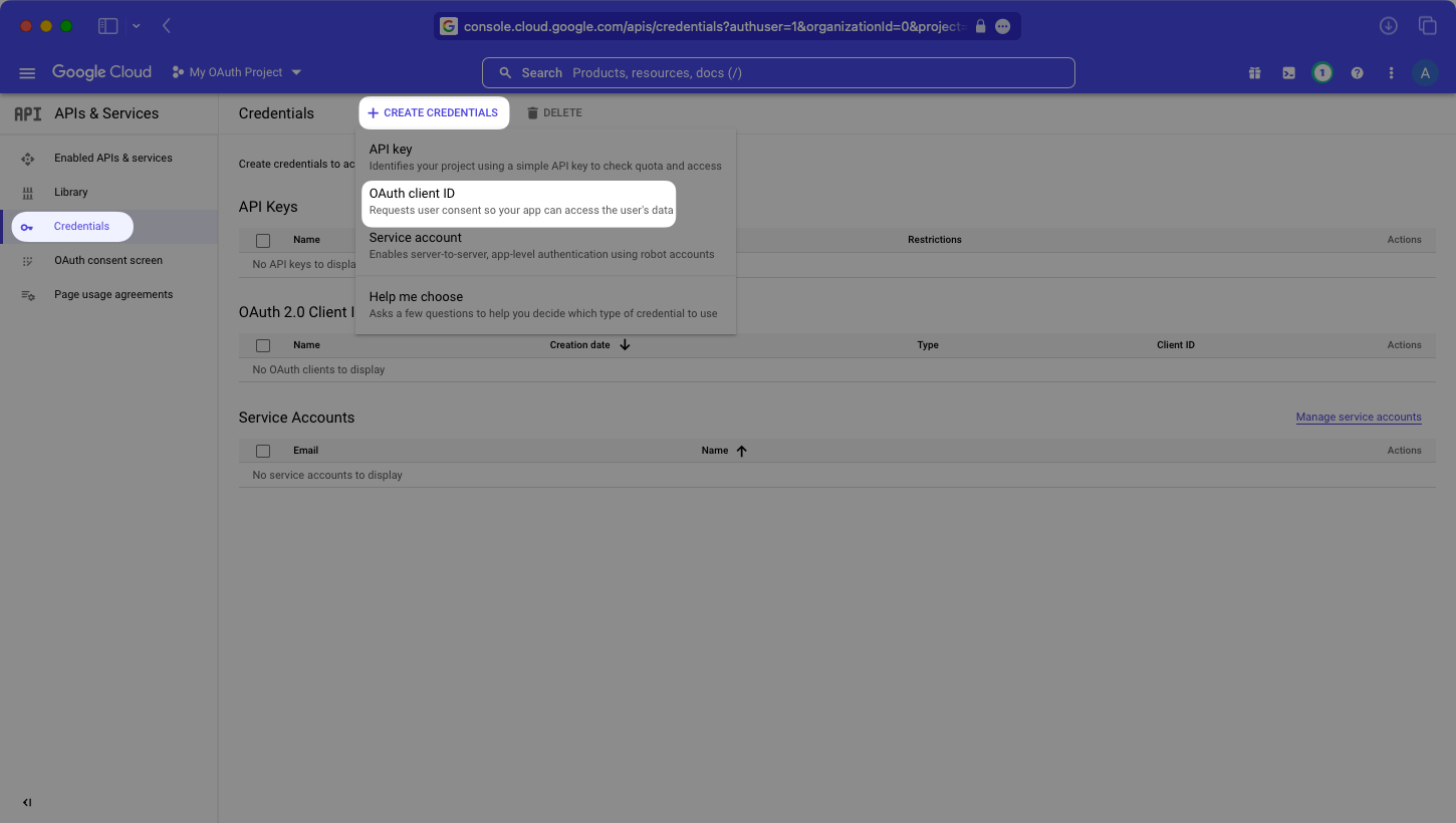 A screenshot showing where to find the "Oauth client ID" option in the Google Cloud Platform Console Dashboard.