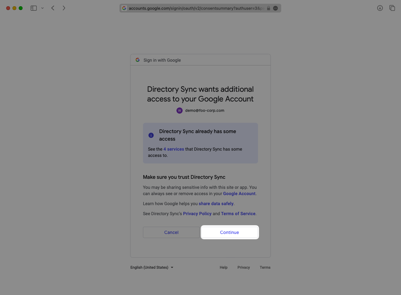 A screenshot showing the requested permissions in the Google modal.