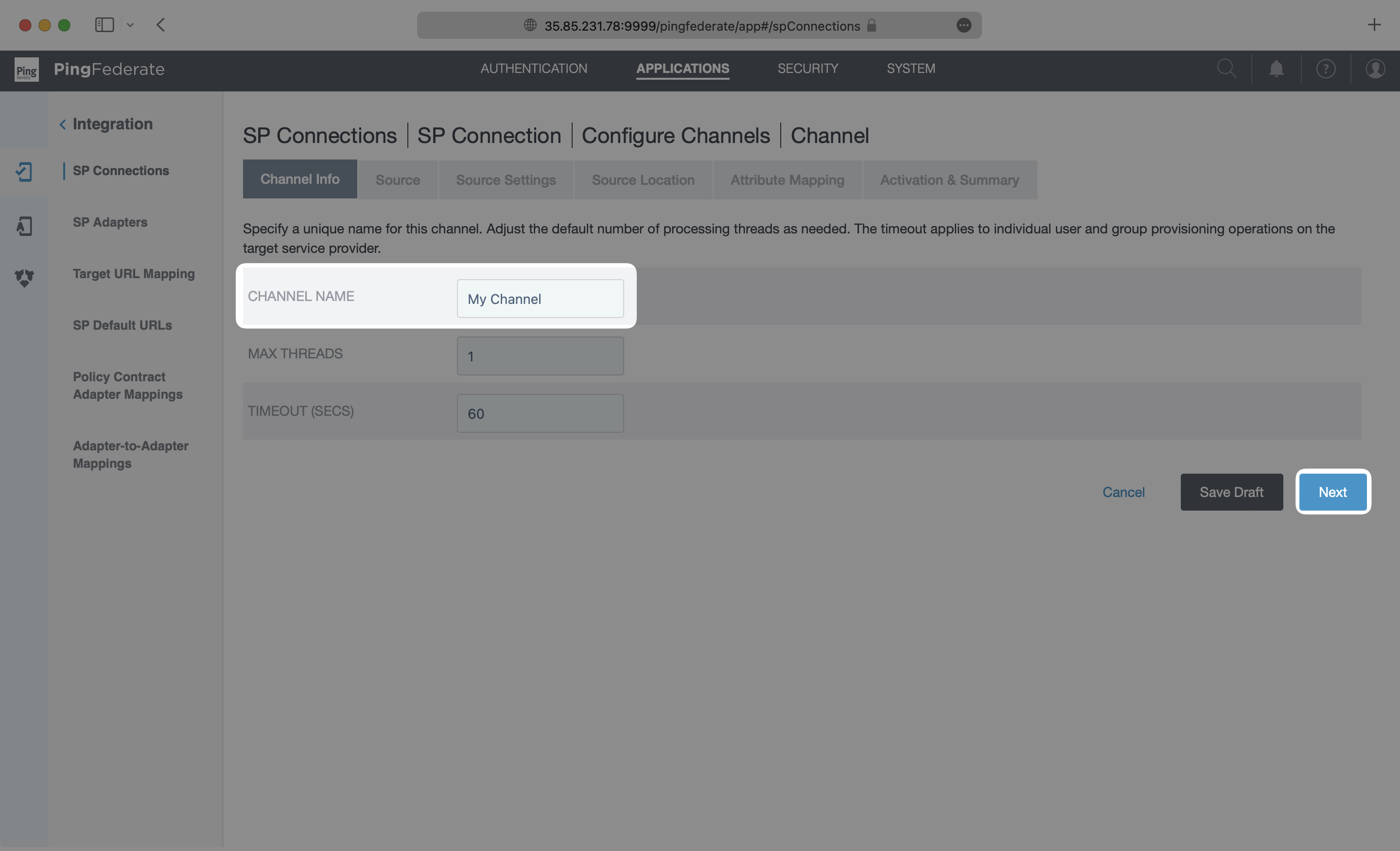 A screenshot showing where to configure the channel name in PingFederate.