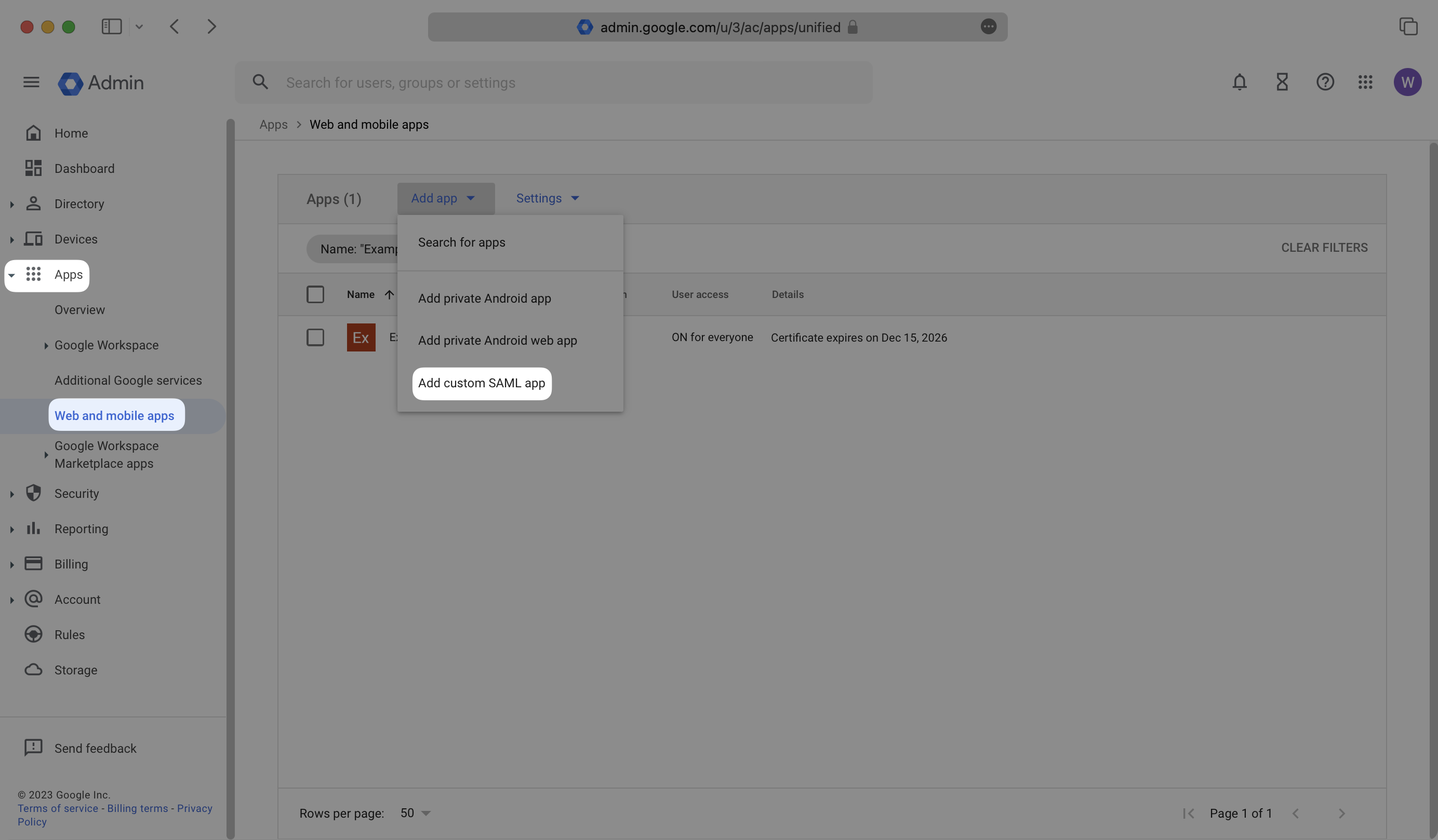 A screenshot showing where to find "Add custom SAML app" in the Google Dashboard.
