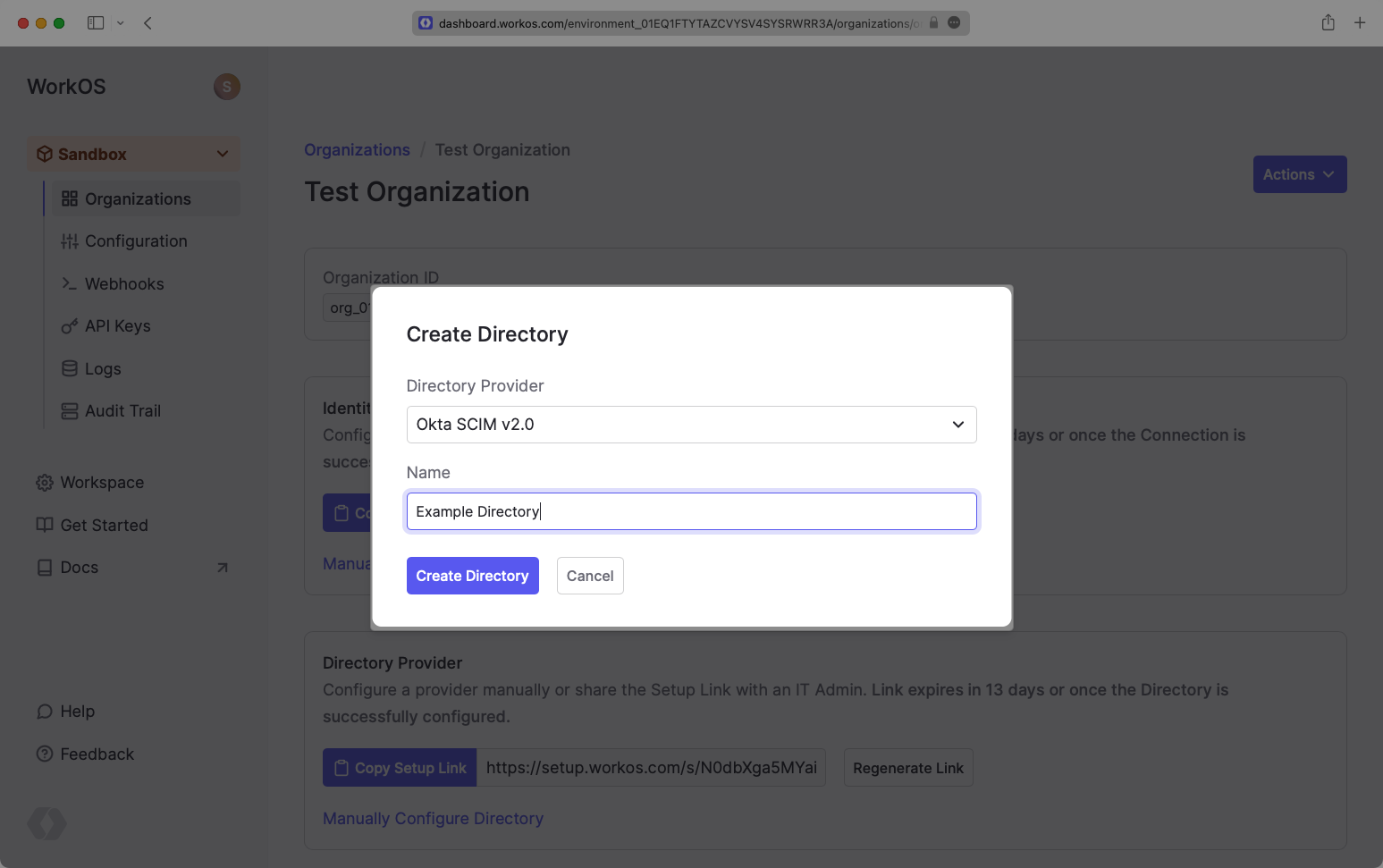 Select Okta SCIM v2.0 Provider in WorkOS Dashboard