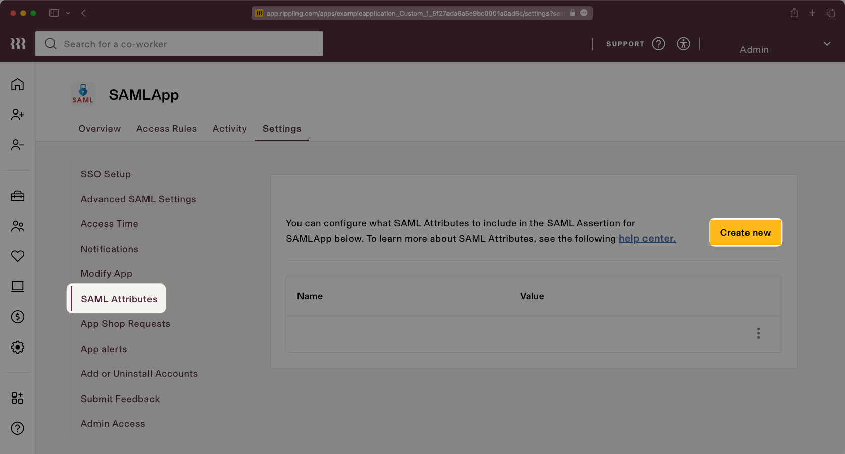A screenshot showing where to select "Create New" in the "SAML Attributes" in the Rippling dashboard.