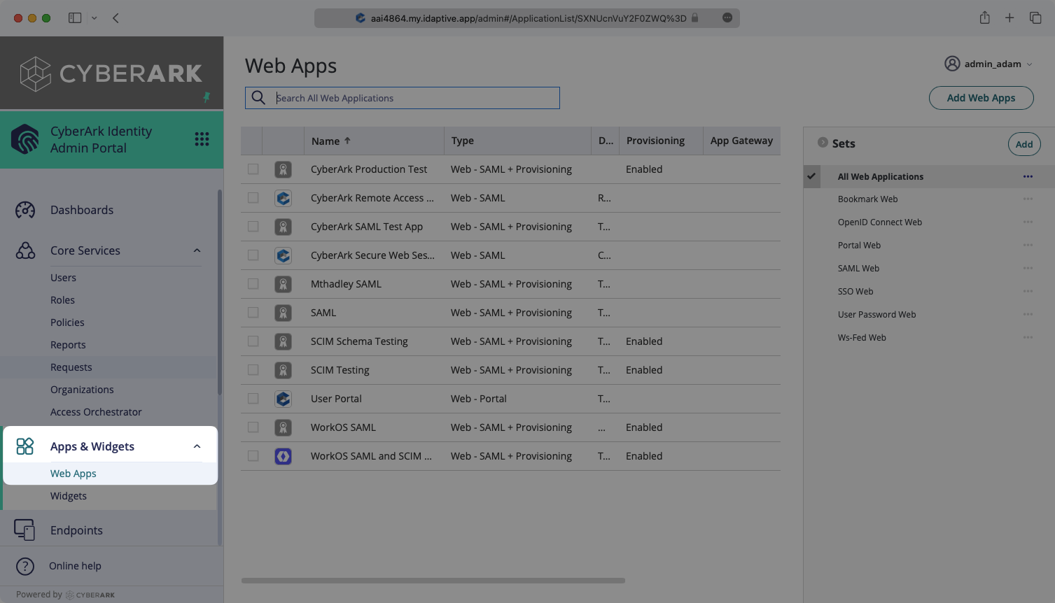 A screenshot showing where to select 'Web Apps" in the CyberArk dashboard.