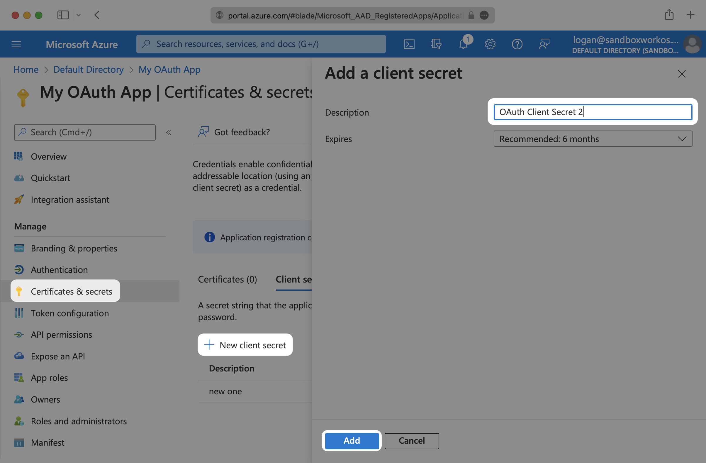 A screenshot showing where to create a client cecret in the Azure AD App Settings.