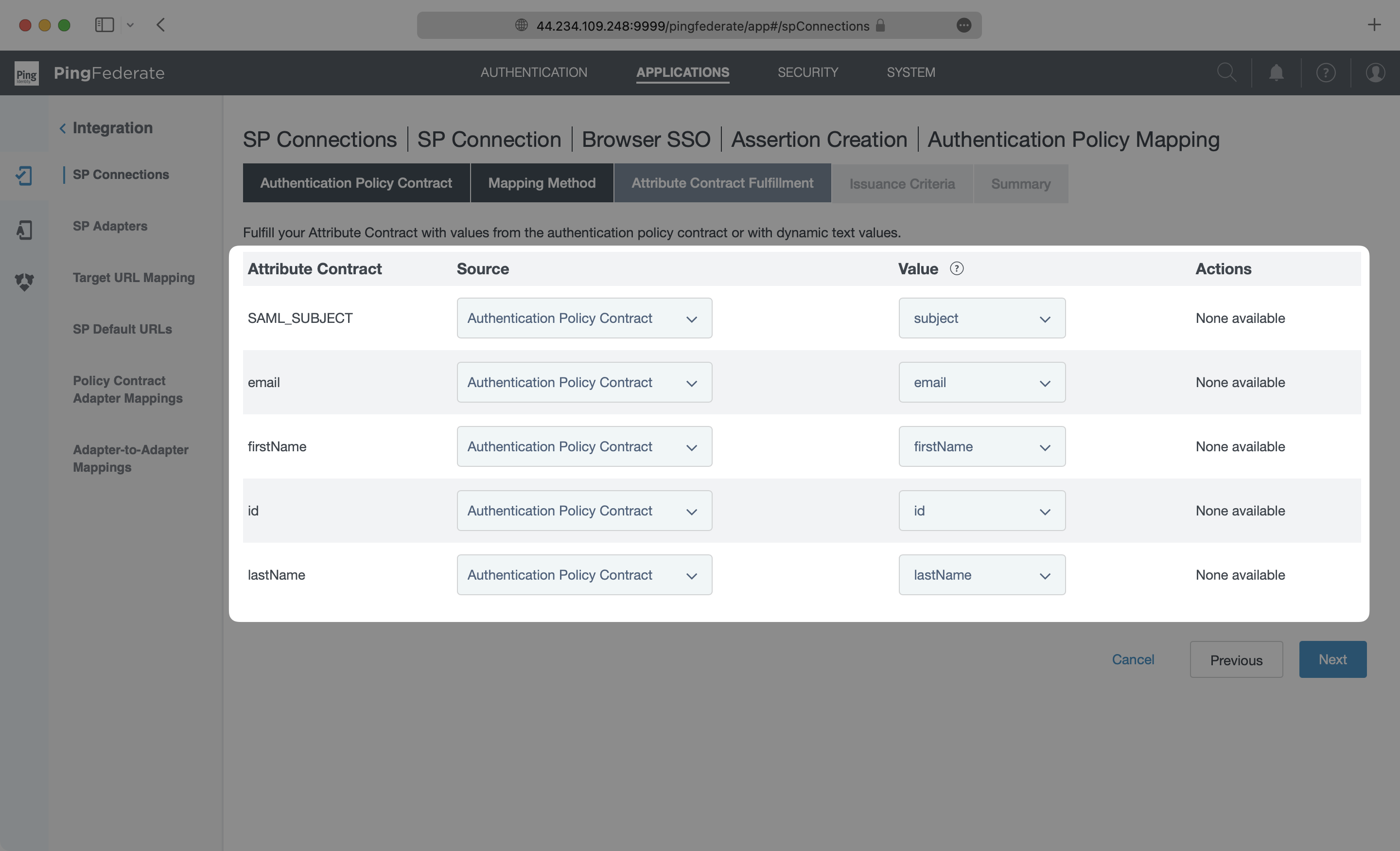 A screenshot showing an example of Authentication Policy Mappings in PingFederate.