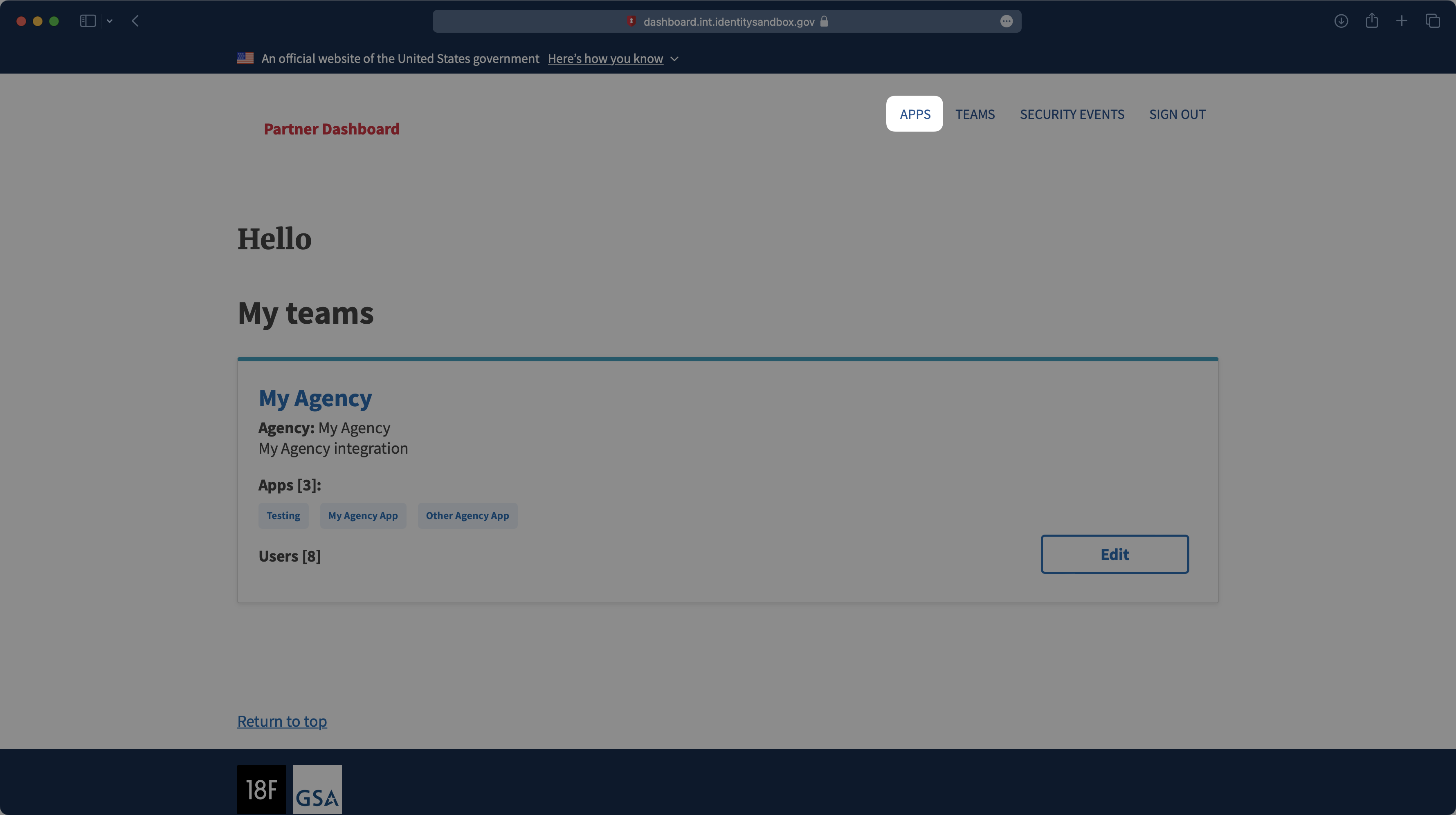 A screenshot showing the Login.gov sandbox dashboard and how to select the App menu option.