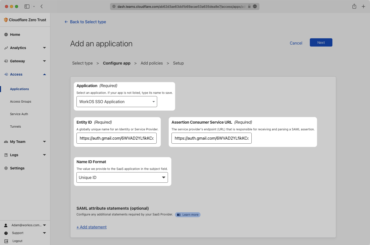 A screenshot showing where to input Service Provider details into the Cloudflare application.
