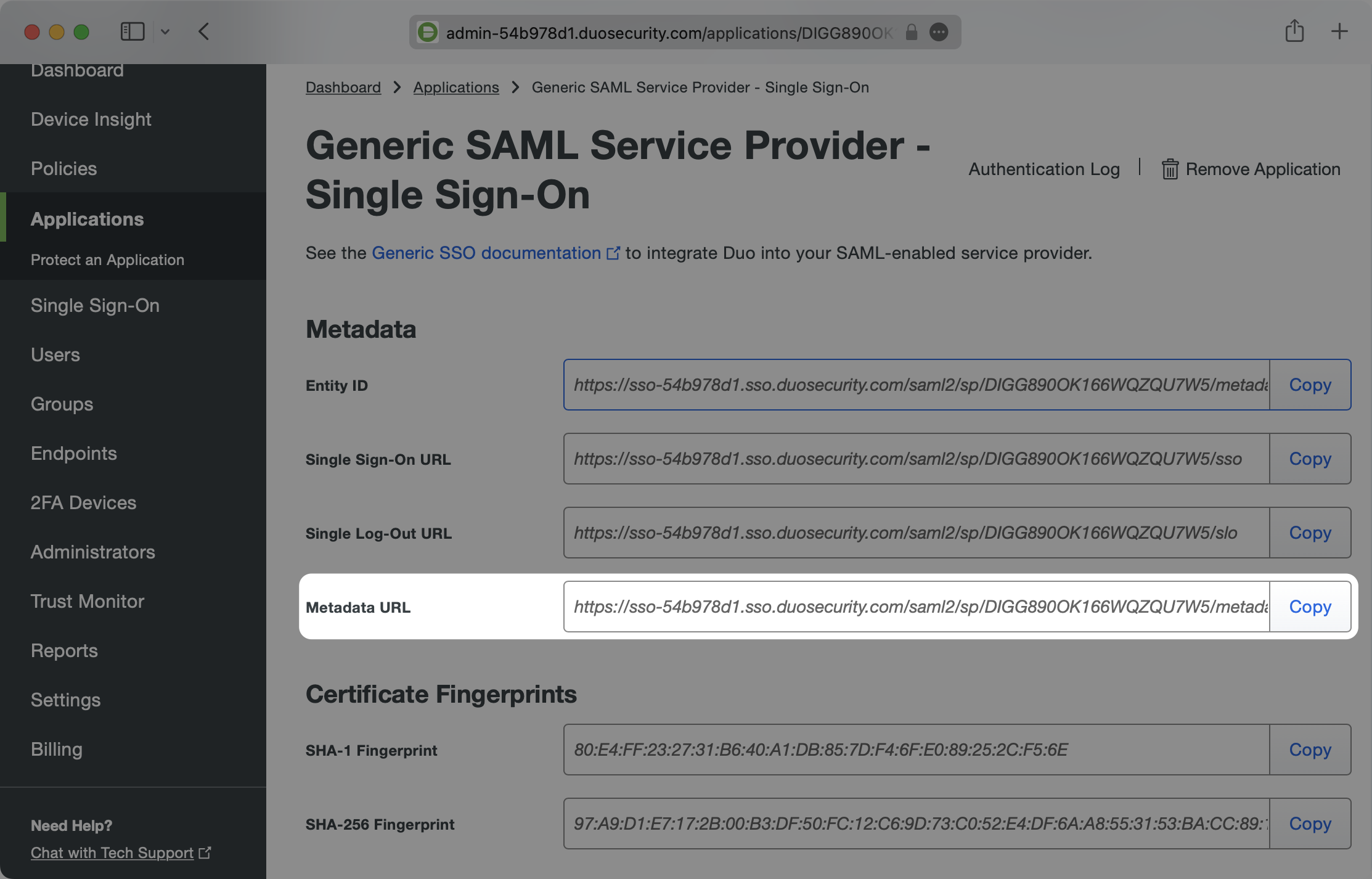 A screenshot showing where to copy the IdP Metadata URL in Duo.