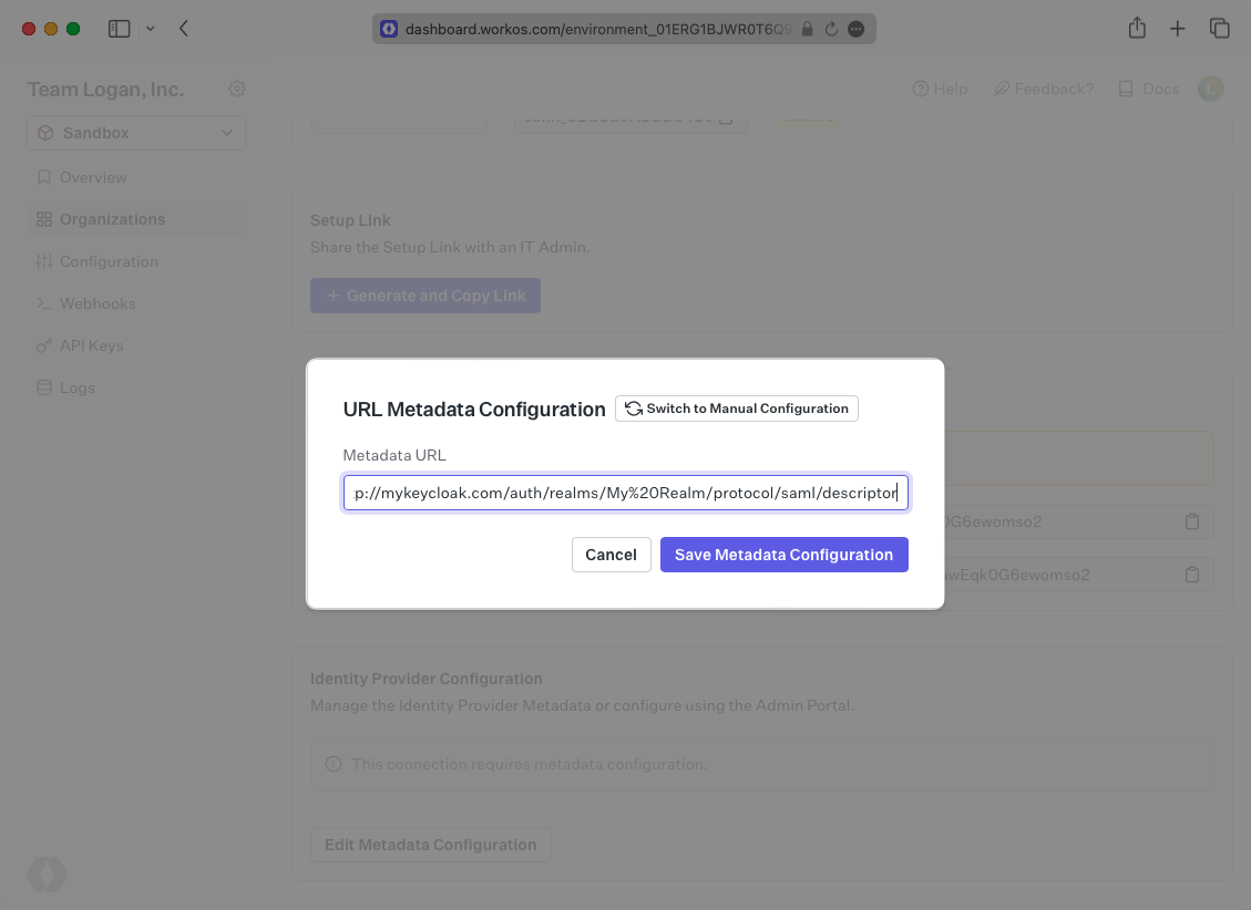 A screenshot highlight the "URL Metadata Configuration" input in the WorkOS Dashboard.