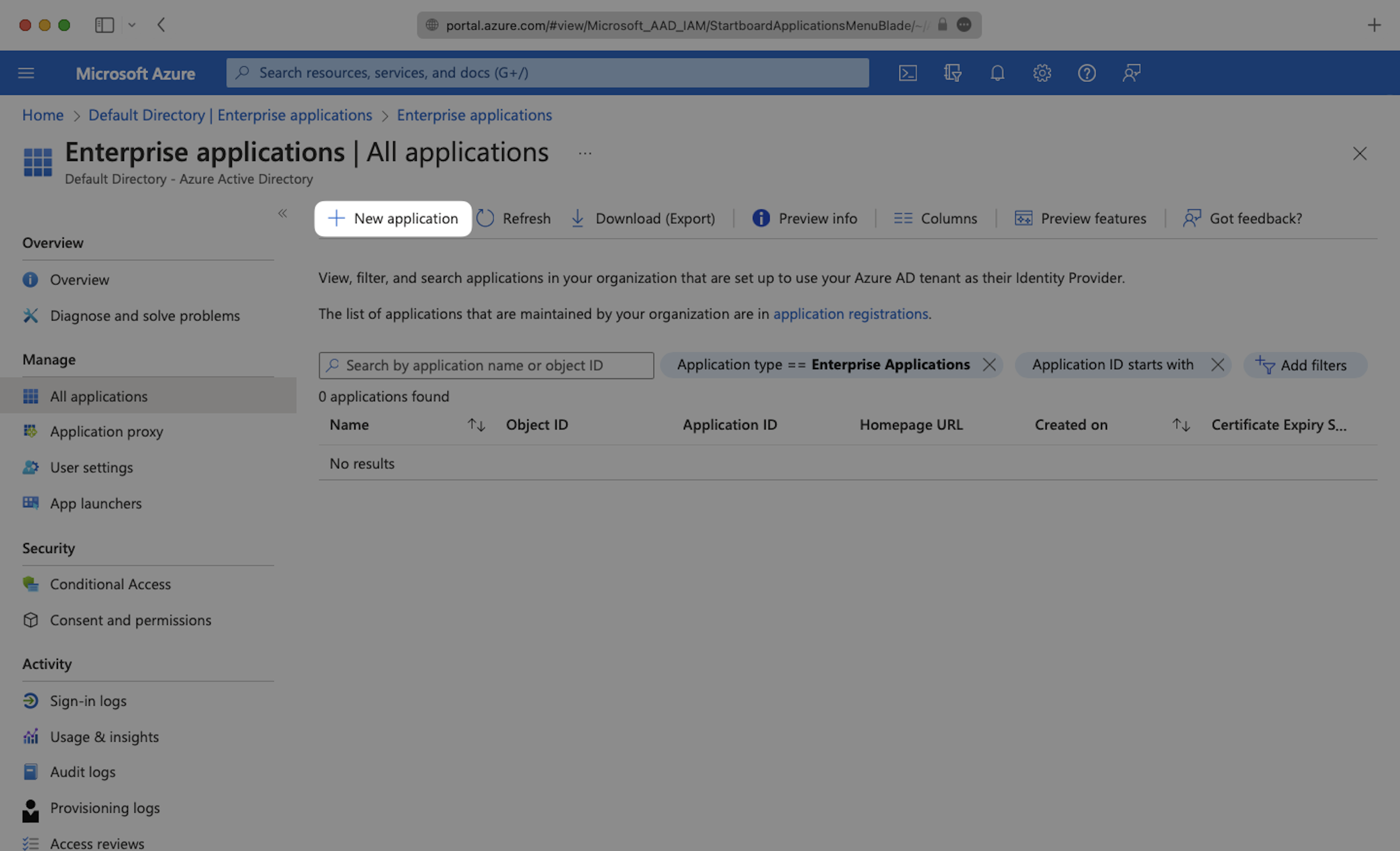 A screenshot showing where to select 'New Application' in the Azure dashboard.