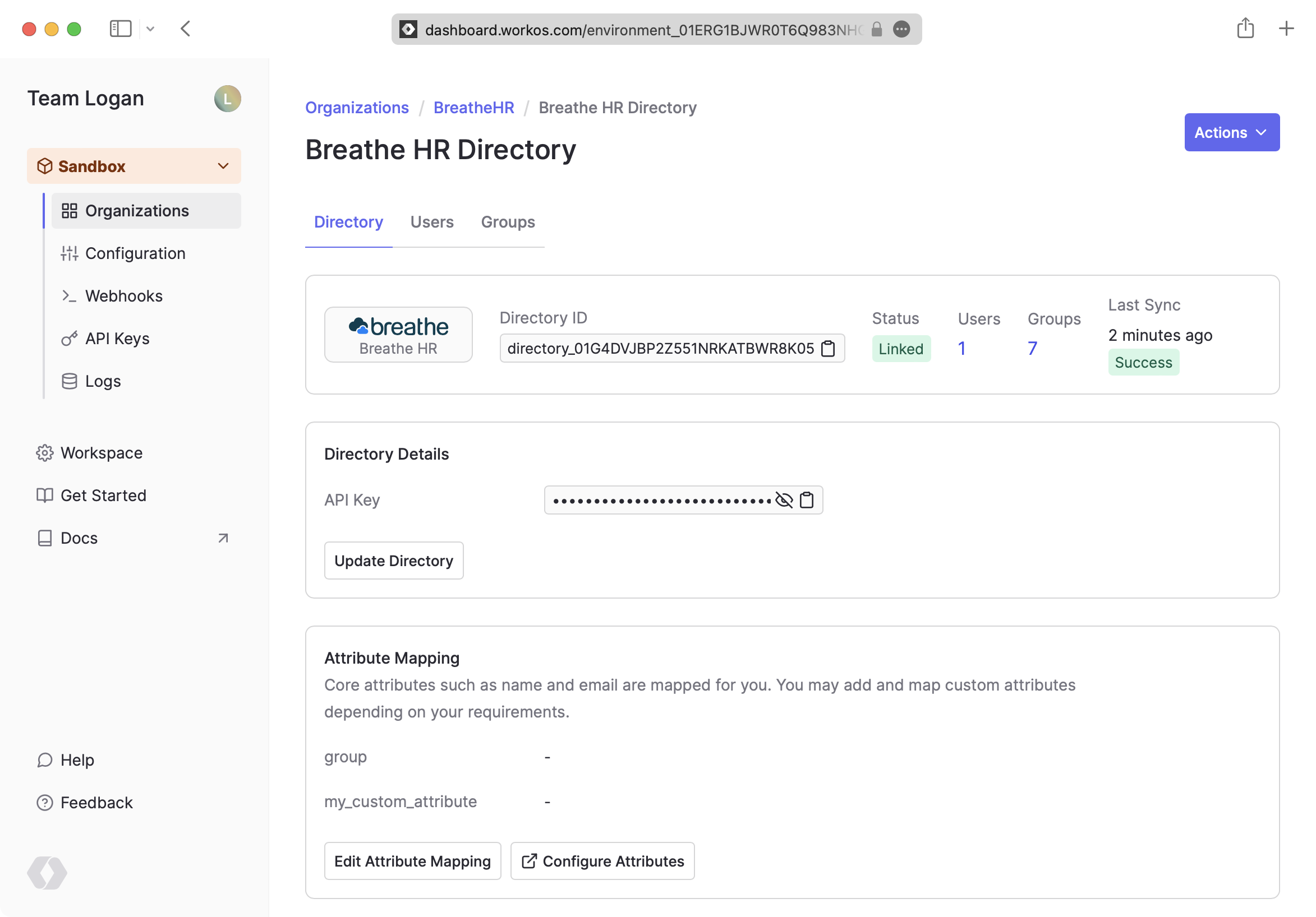 A screenshot showing a successfully linked Breathe HR Directory in the WorkOS dashboard.