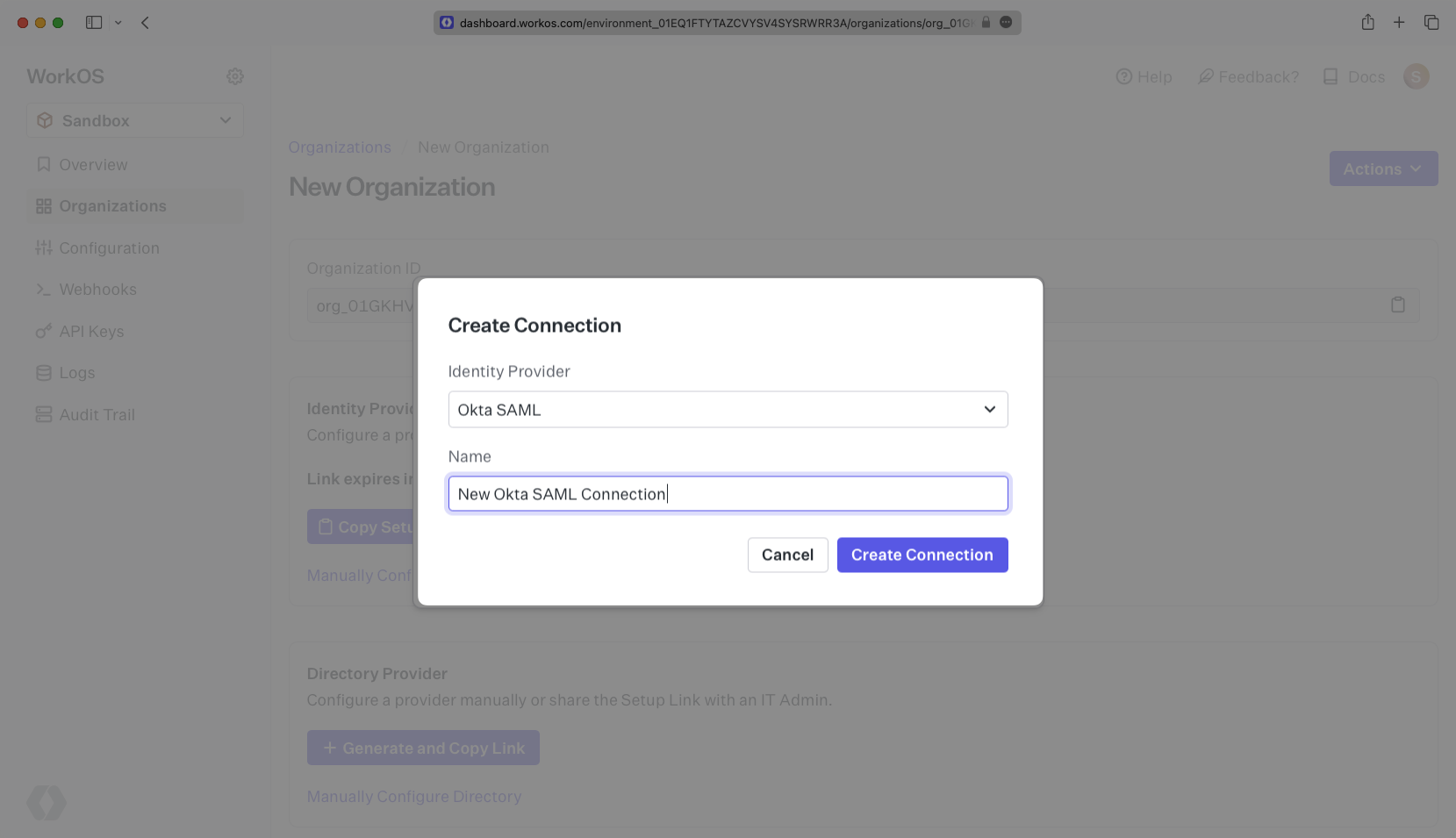 A screenshot showing "Create Connection" details in the WorkOS Dashboard.