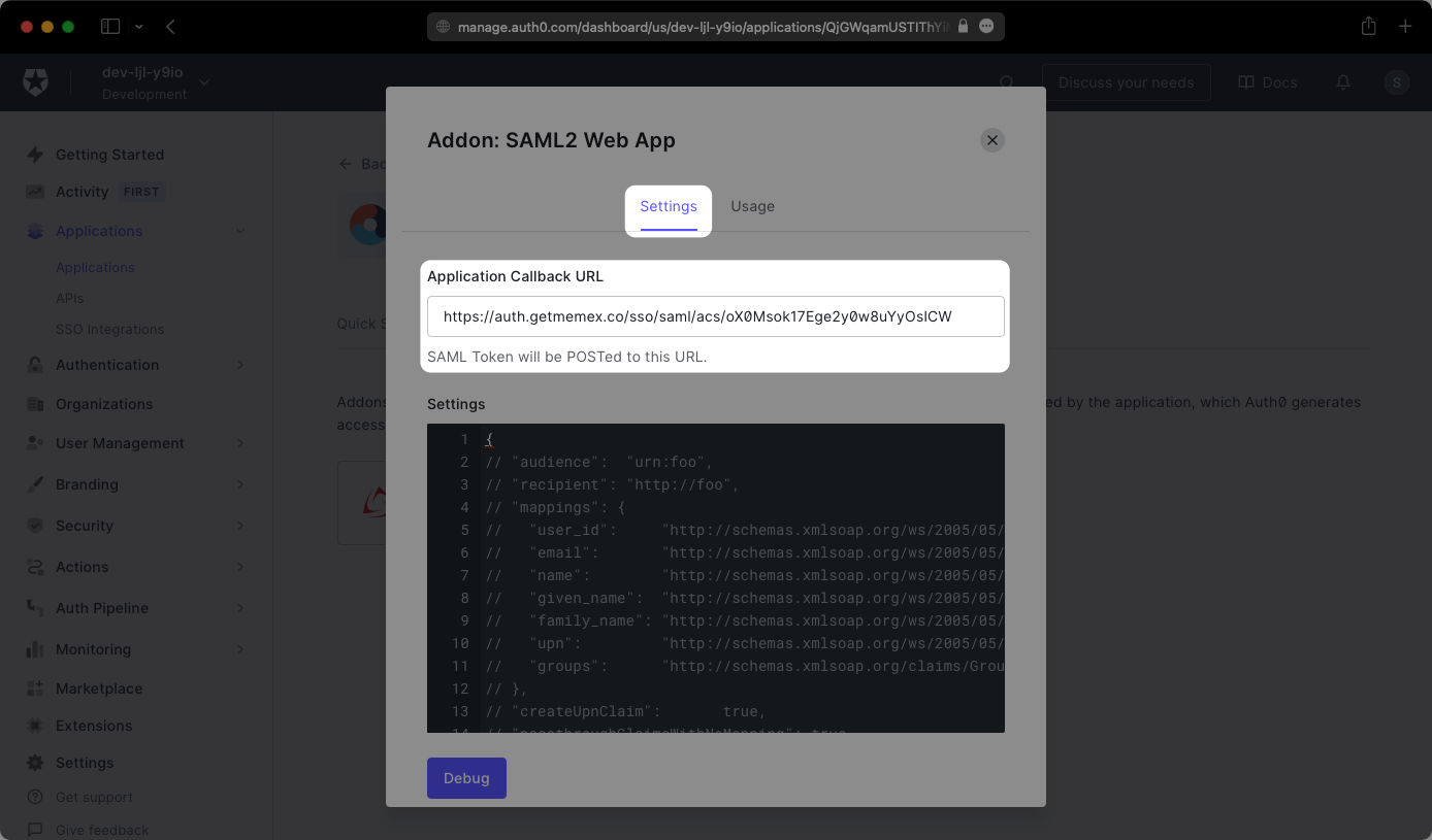 A screenshot showing where to get the callback URL in the SAML2 web app settings for Auth0 applications.