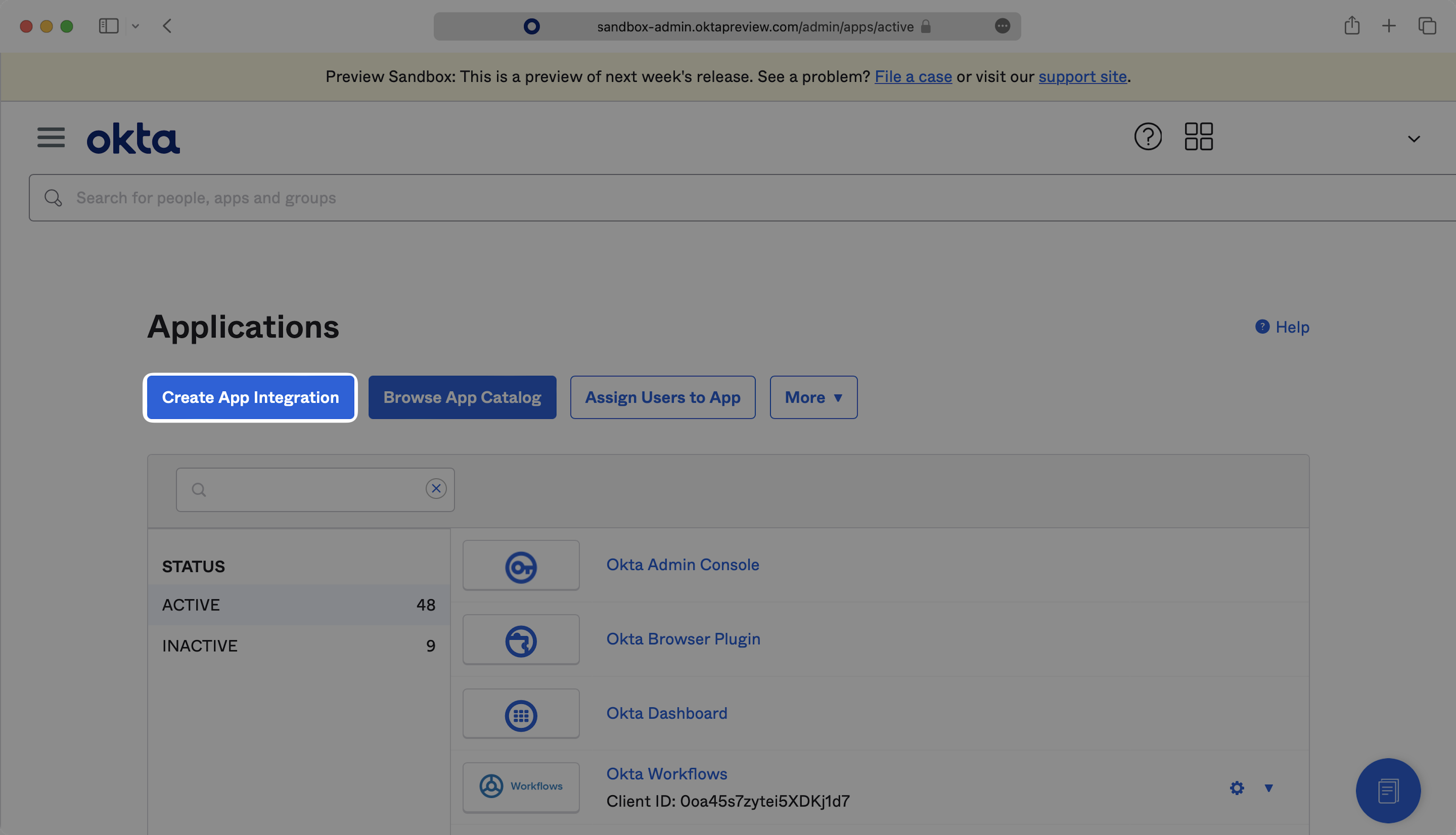 A screenshot showing where to select 'Create App Integration' in the Okta dashboard.