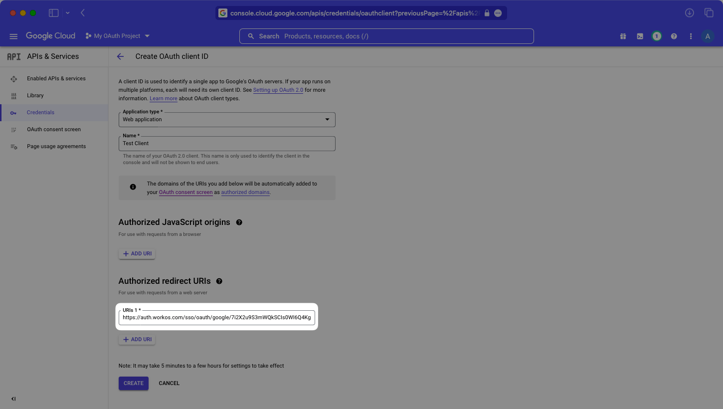 A screenshot showing where to enter your WorkOS Redirect URI in the Google Cloud Platform Console Dashboard.