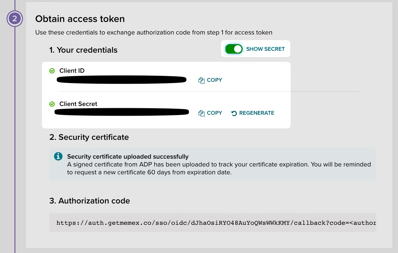 A screenshot showing where to find the ADP Client Credentials in the ADP Partner Self Service Portal.