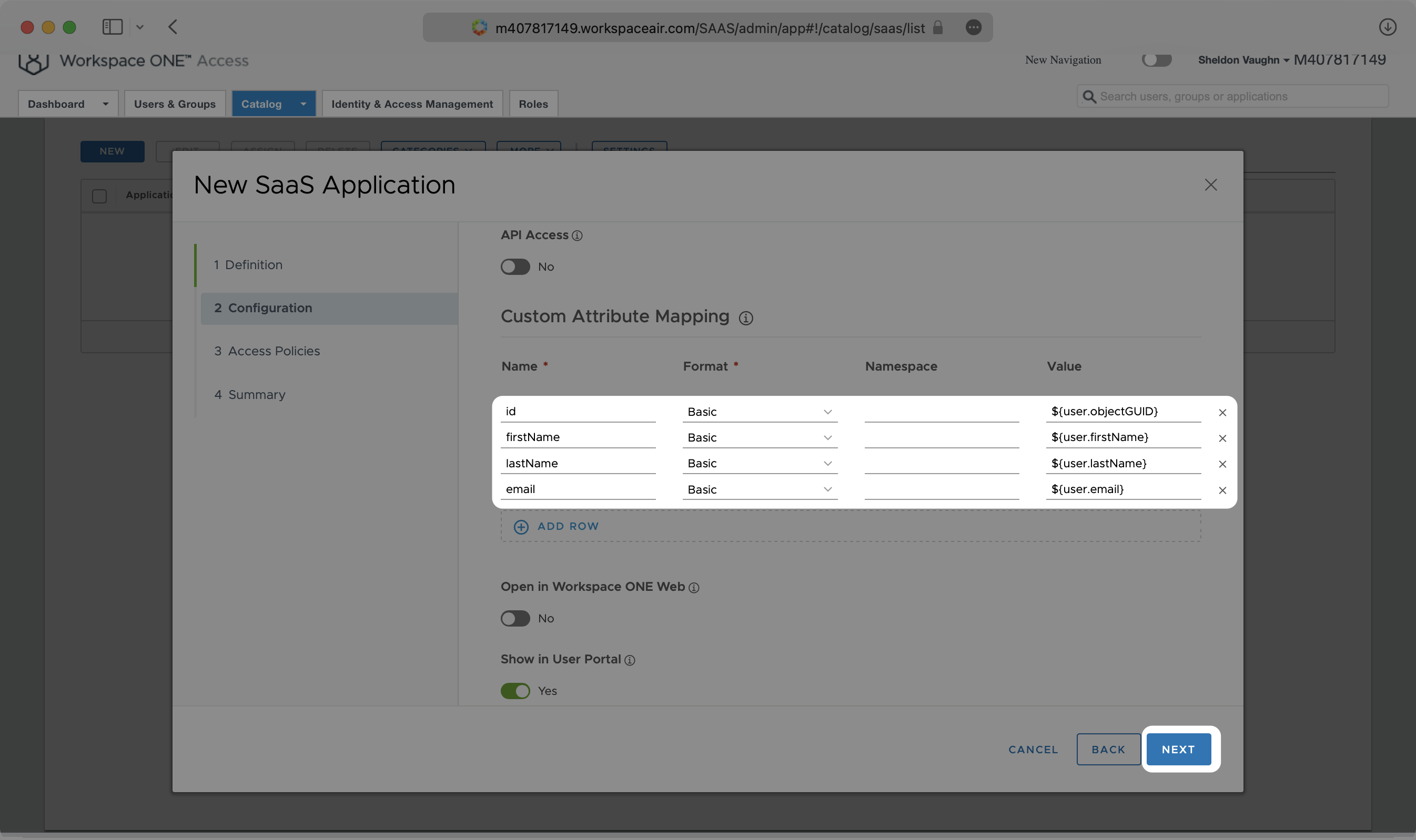 A screenshot showing how to configure attribute mappings in VMWare application.