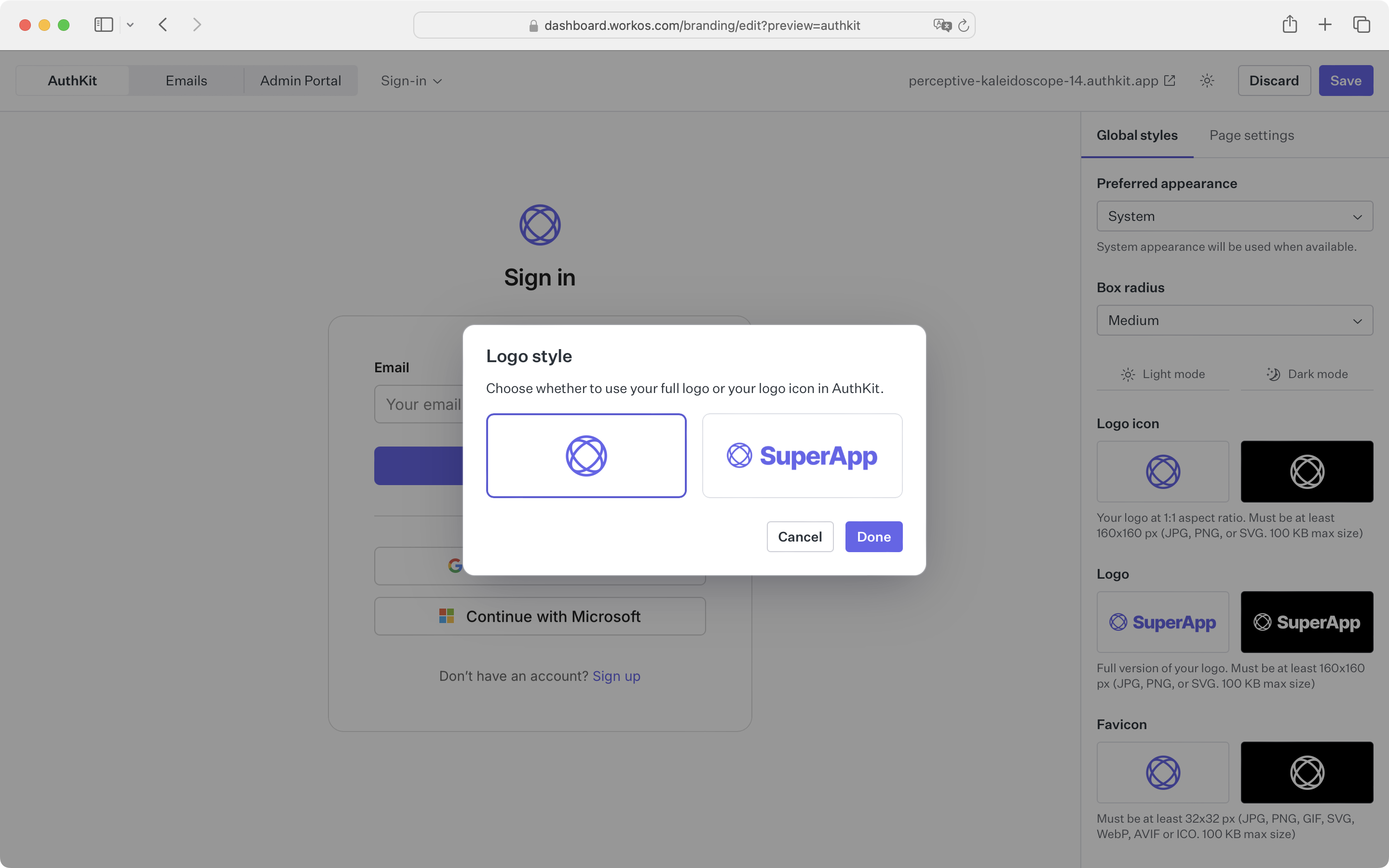 Logo selection dialog open in the branding editor